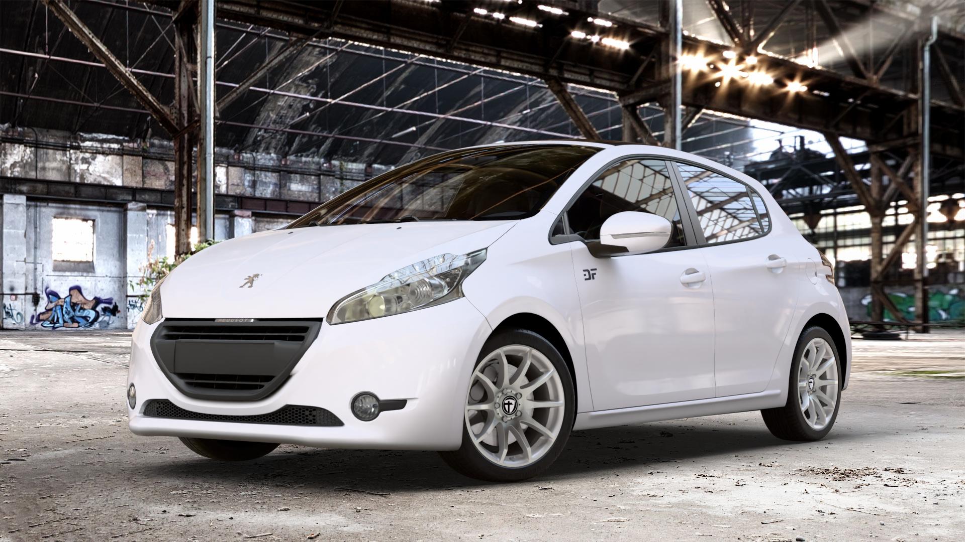 TOMASON TN1 bright silver Felge mit Reifen silber in 17Zoll Winterfelge Alufelge auf weissem Peugeot 208 Typ C ⬇️ mit 15mm Tieferlegung ⬇️ Old Industrial Hall_max_4400mm_2024 Frontansicht_1