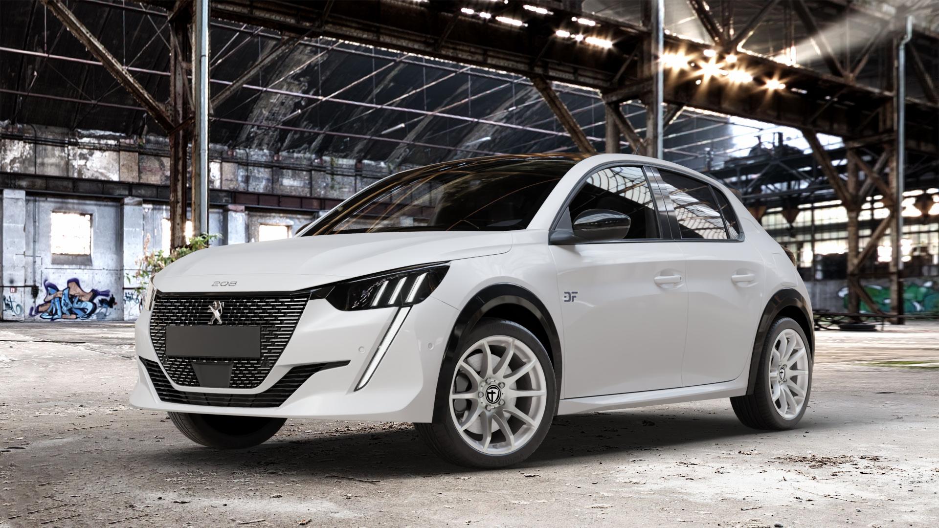 TOMASON TN1 bright silver Felge mit Reifen silber in 17Zoll Winterfelge Alufelge auf weissem Peugeot 208 Typ U ⬇️ mit 15mm Tieferlegung ⬇️ Old Industrial Hall_max_4400mm_2024 Frontansicht_1