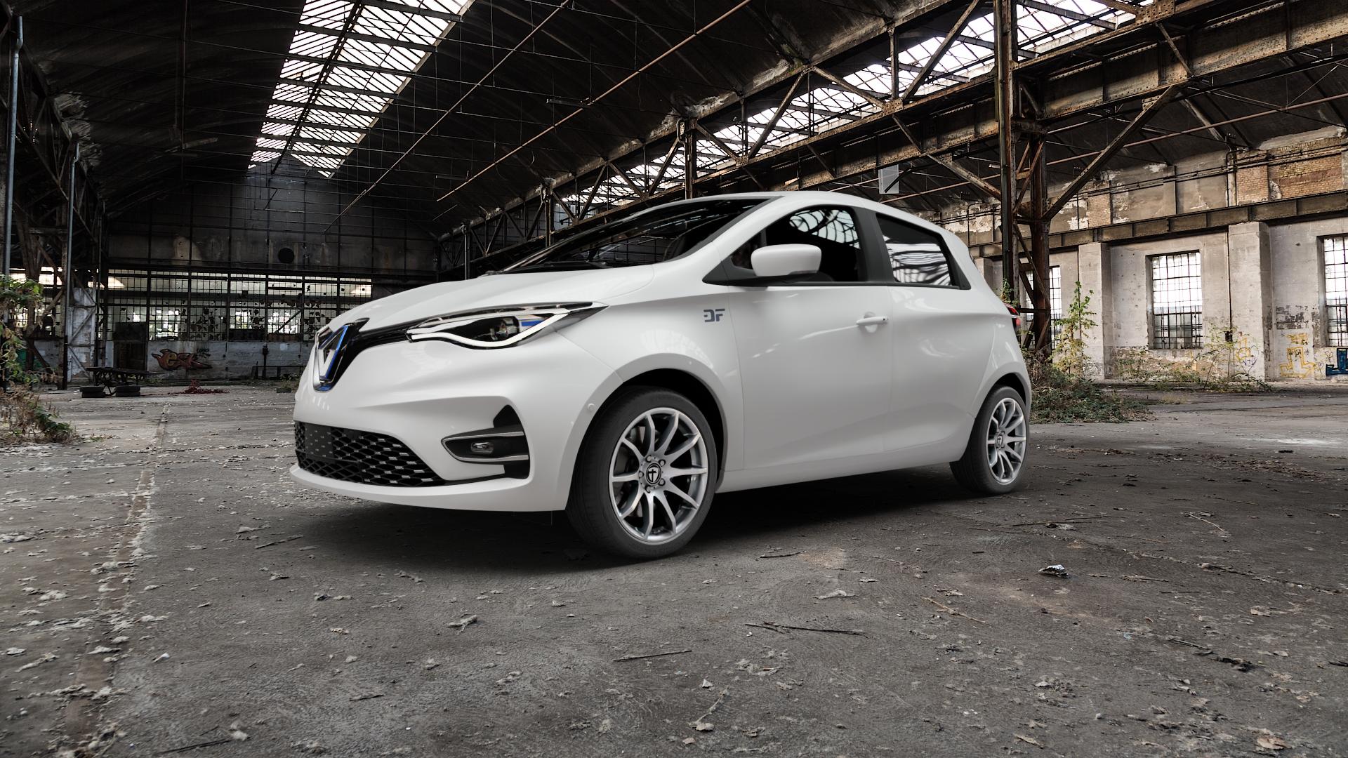 TOMASON TN1 bright silver Felge mit Reifen silber in 17Zoll Winterfelge Alufelge auf weissem Renault ZOE Typ AG Facelift ⬇️ mit 15mm Tieferlegung ⬇️ Old Industrial Hall_max5000mm_2022 Frontansicht_1