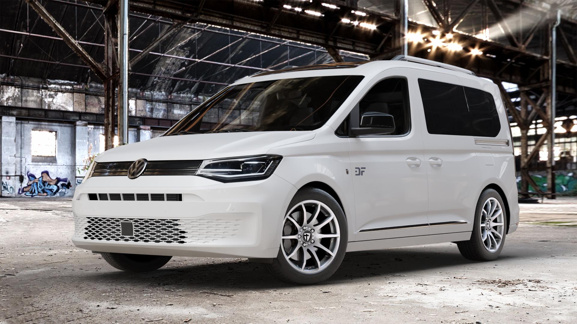 TOMASON TN1 bright silver Felge mit Reifen silber in 17Zoll Winterfelge Alufelge auf weissem Volkswagen (VW) Caddy 5 Typ SK SKN Transporter Wohnmobil ⬇️ mit 15mm Tieferlegung ⬇️ Old Industrial Hall_max_4400mm_2024 Frontansicht_1