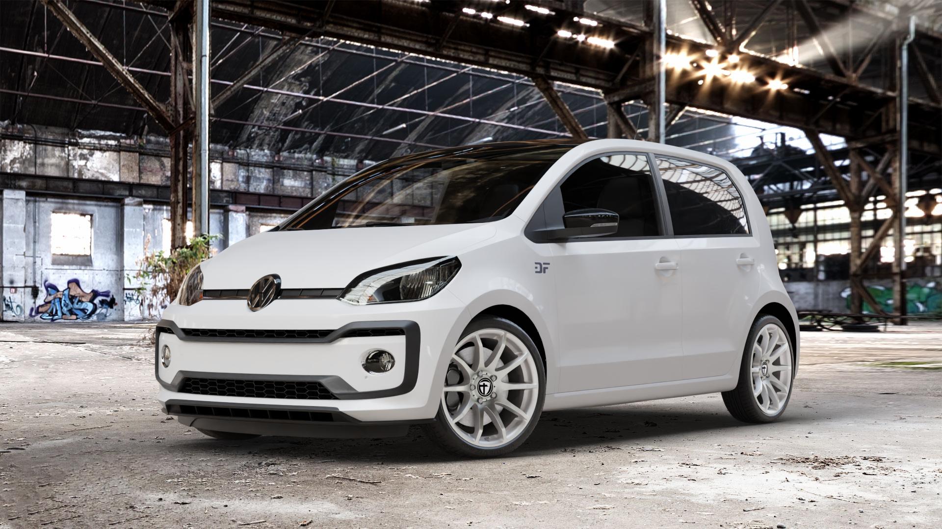 TOMASON TN1 bright silver Felge mit Reifen silber in 17Zoll Winterfelge Alufelge auf weissem Volkswagen (VW) UP Facelift ⬇️ mit 15mm Tieferlegung ⬇️ Old Industrial Hall_max_4400mm_2024 Frontansicht_1