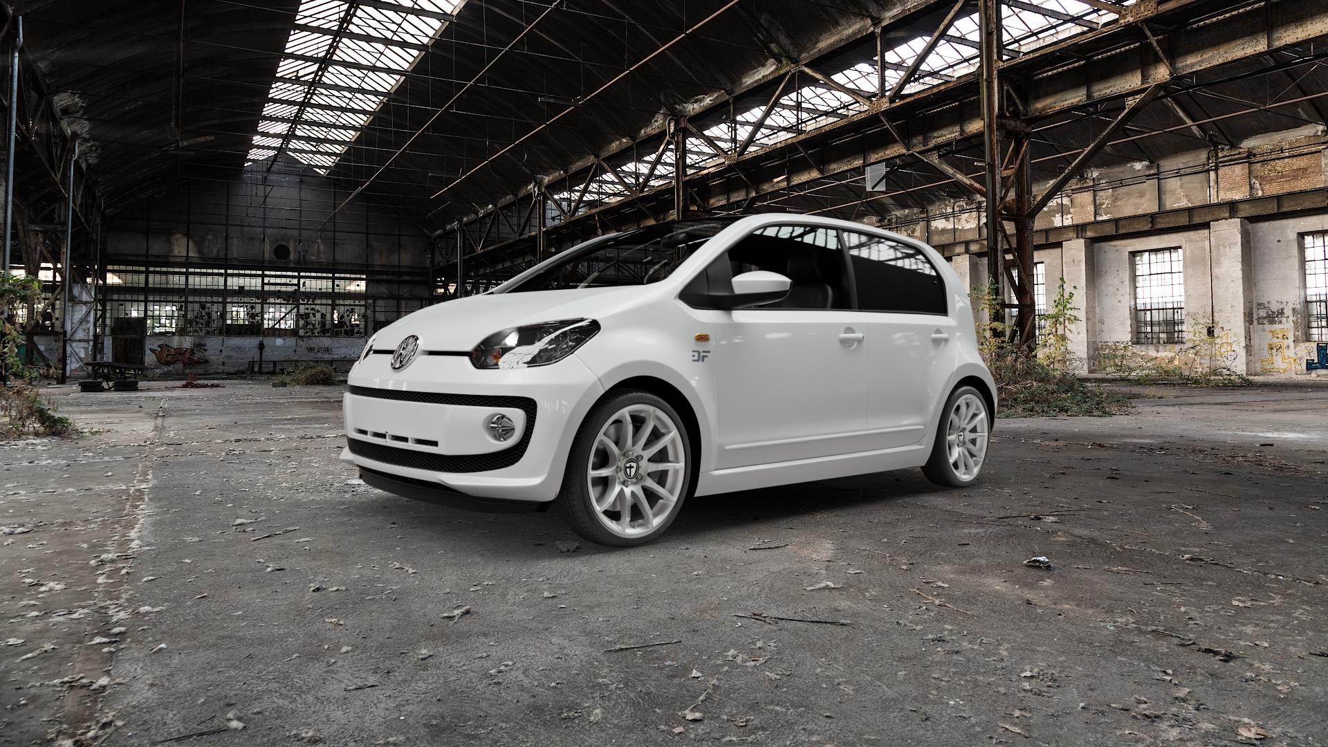TOMASON TN1 bright silver Felge mit Reifen silber in 17Zoll Winterfelge Alufelge auf weissem Volkswagen (VW) UP ⬇️ mit 15mm Tieferlegung ⬇️ Old Industrial Hall_max5000mm_2022 Frontansicht_1