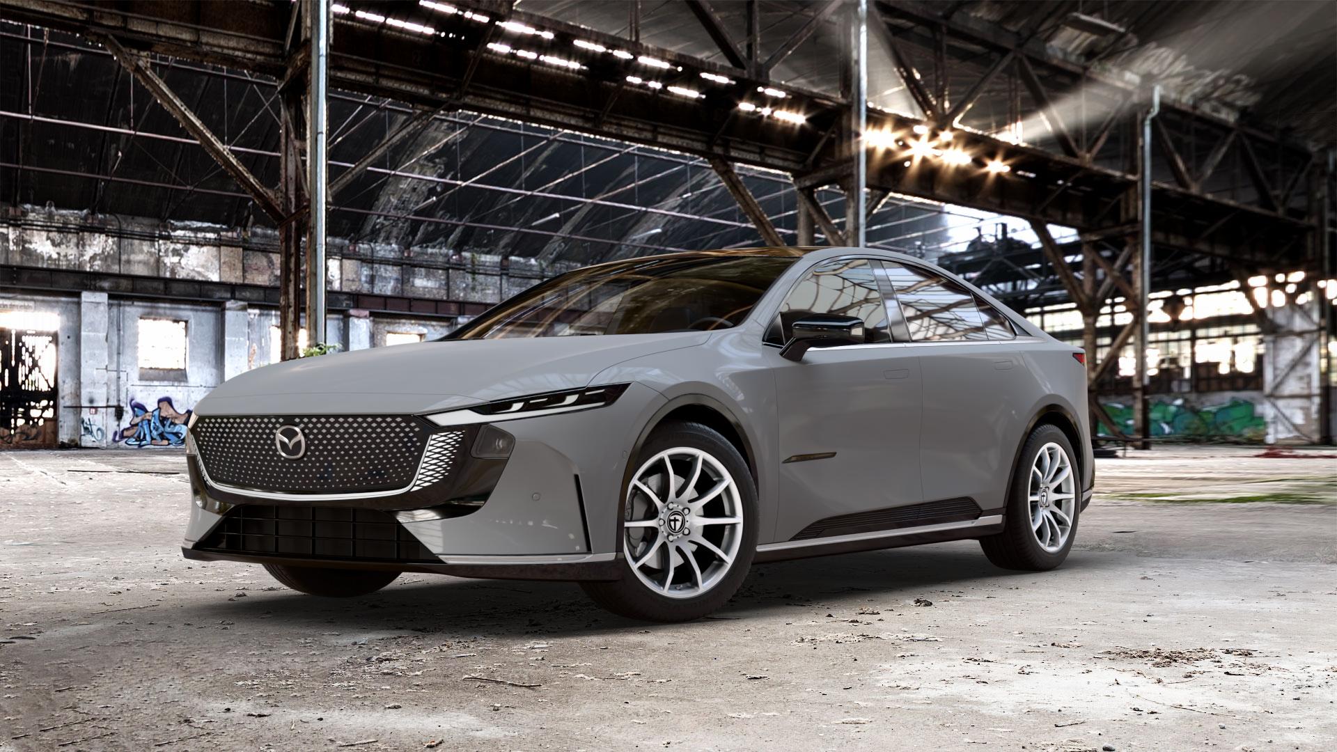 TOMASON TN1 bright silver Felge mit Reifen silber in 18Zoll Winterfelge Alufelge auf schwarzem Mazda 6e (GN) 0,0l 60kW (82 PS) 100kW (136 6 ⬇️ mit 15mm Tieferlegung ⬇️ Old Industrial Hall_max_5300mm_2024 Frontansicht_1