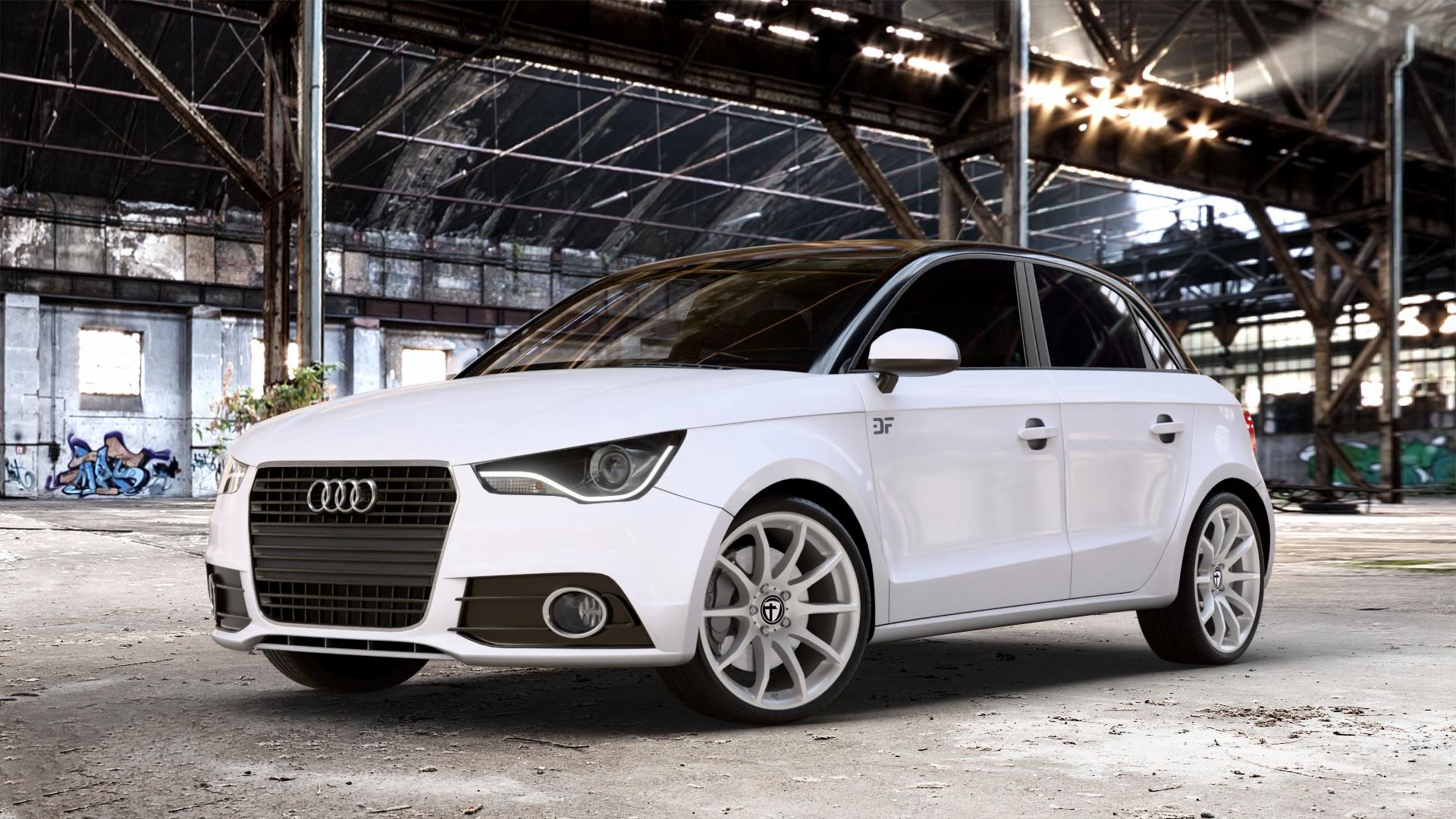 TOMASON TN1 bright silver Felge mit Reifen silber in 18Zoll Winterfelge Alufelge auf weissem Audi A1 Typ 8X (Sportback) Facelift ⬇️ mit 15mm Tieferlegung ⬇️ Old Industrial Hall_max_4400mm_2024 Frontansicht_1