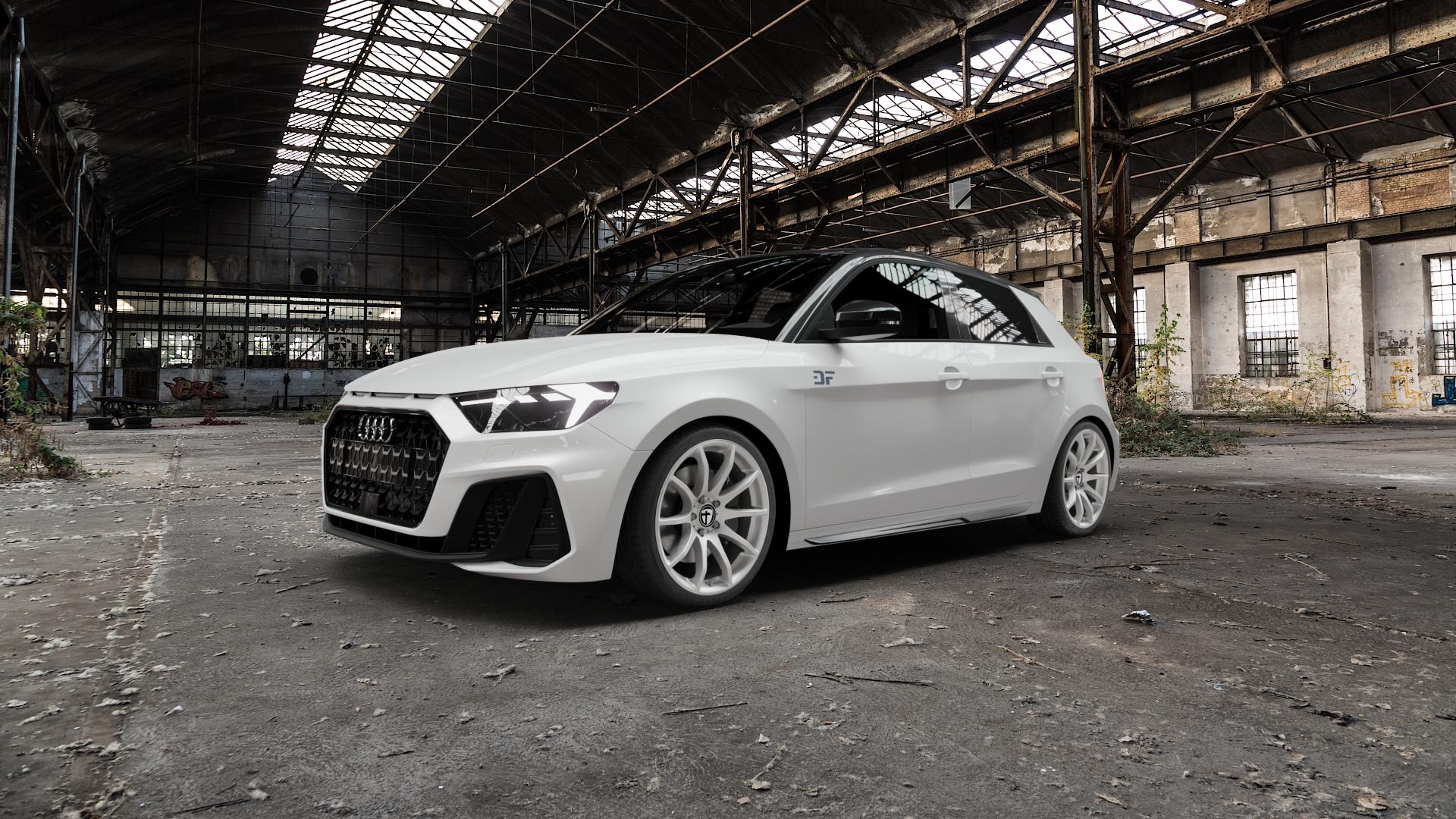TOMASON TN1 bright silver Felge mit Reifen silber in 18Zoll Winterfelge Alufelge auf weissem Audi A1 Typ GB (Sportback) ⬇️ mit 15mm Tieferlegung ⬇️ Old Industrial Hall_max5000mm_2022 Frontansicht_1