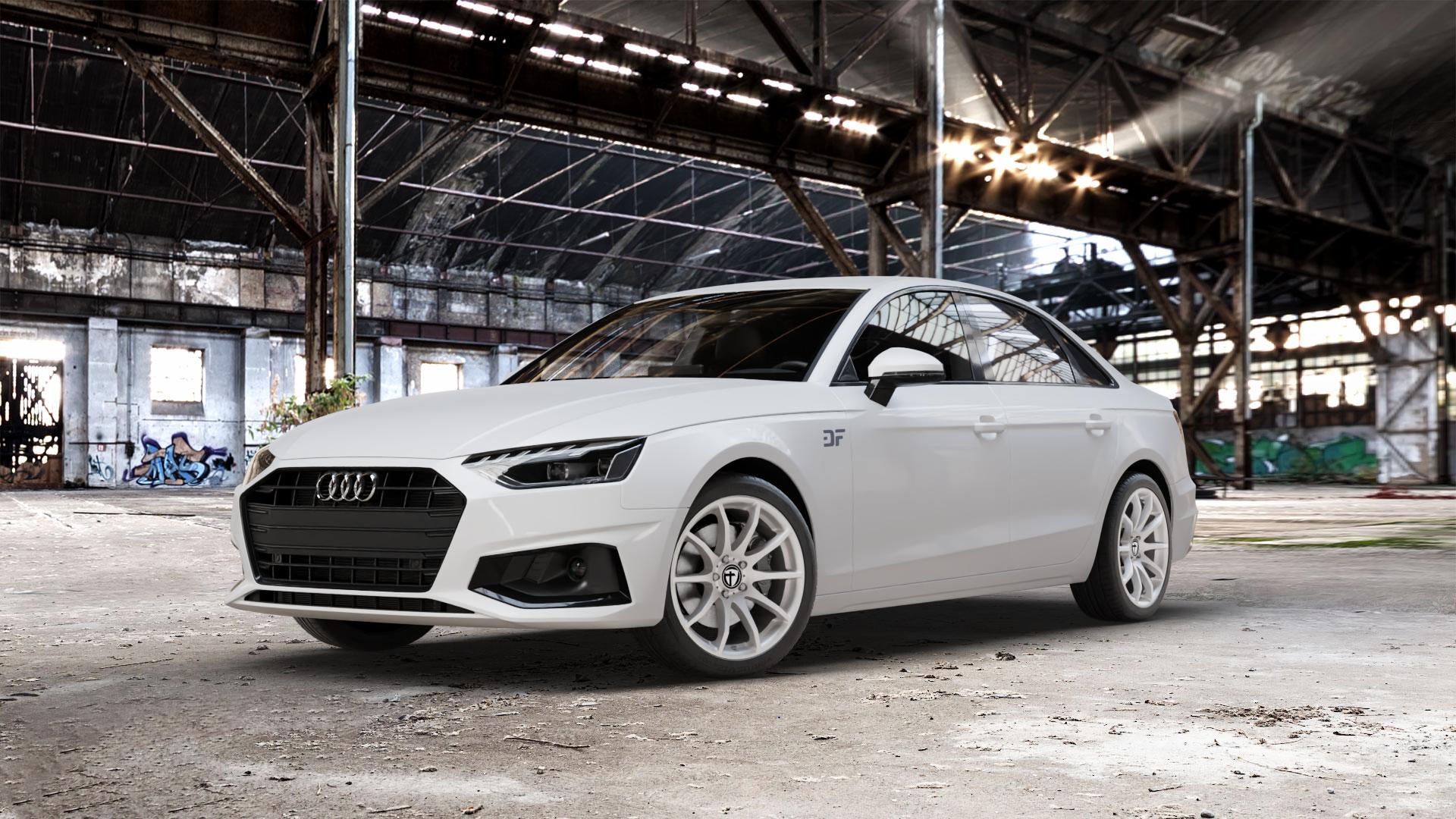 TOMASON TN1 bright silver Felge mit Reifen silber in 18Zoll Winterfelge Alufelge auf weissem Audi A4 Typ B9 (Limousine) Facelift ⬇️ mit 15mm Tieferlegung ⬇️ Old Industrial Hall_max_5300mm_2024 Frontansicht_1