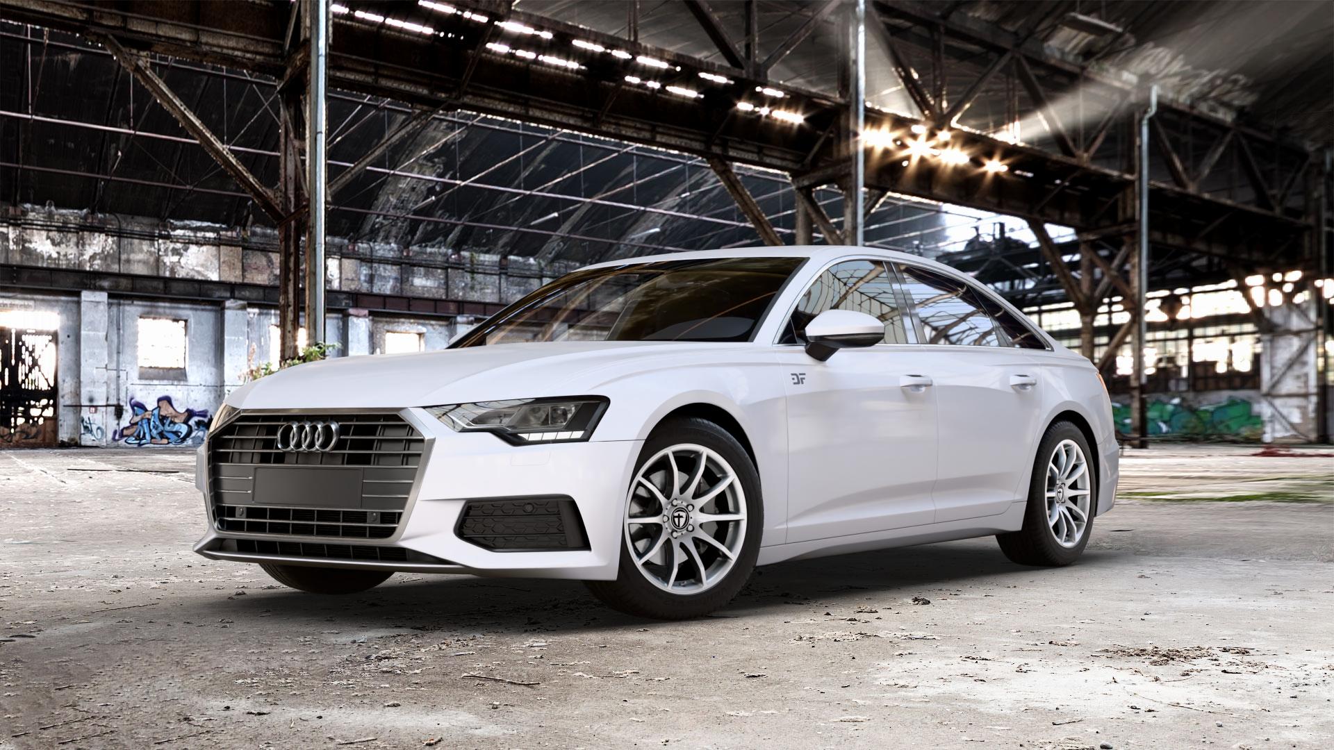TOMASON TN1 bright silver Felge mit Reifen silber in 18Zoll Winterfelge Alufelge auf weissem Audi A6 Typ F2/C8 (Limousine) ⬇️ mit 15mm Tieferlegung ⬇️ Old Industrial Hall_max_5300mm_2024 Frontansicht_1