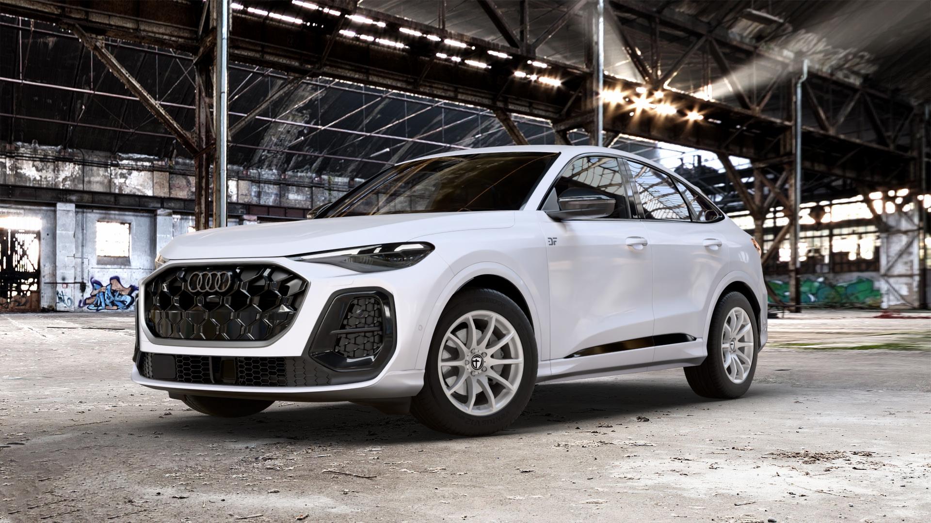 TOMASON TN1 bright silver Felge mit Reifen silber in 18Zoll Winterfelge Alufelge auf weissem Audi Q5 III Typ GU (FY) Sportback ⬇️ mit 15mm Tieferlegung ⬇️ Old Industrial Hall_max_5300mm_2024 Frontansicht_1