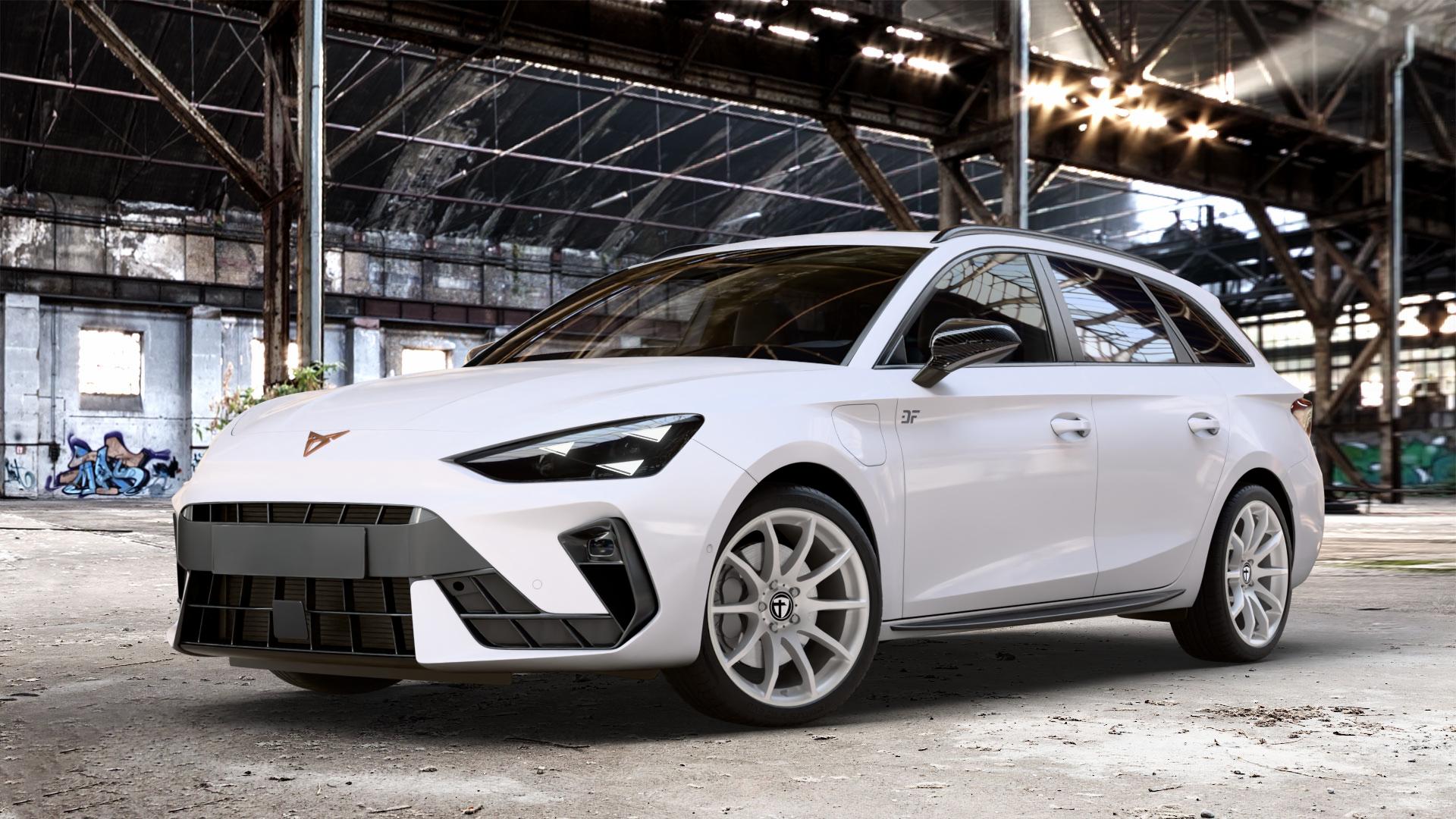 TOMASON TN1 bright silver Felge mit Reifen silber in 18Zoll Winterfelge Alufelge auf weissem Cupra Leon Typ KL ST Facelift ⬇️ mit 15mm Tieferlegung ⬇️ Old Industrial Hall_max_4400mm_2024 Frontansicht_1