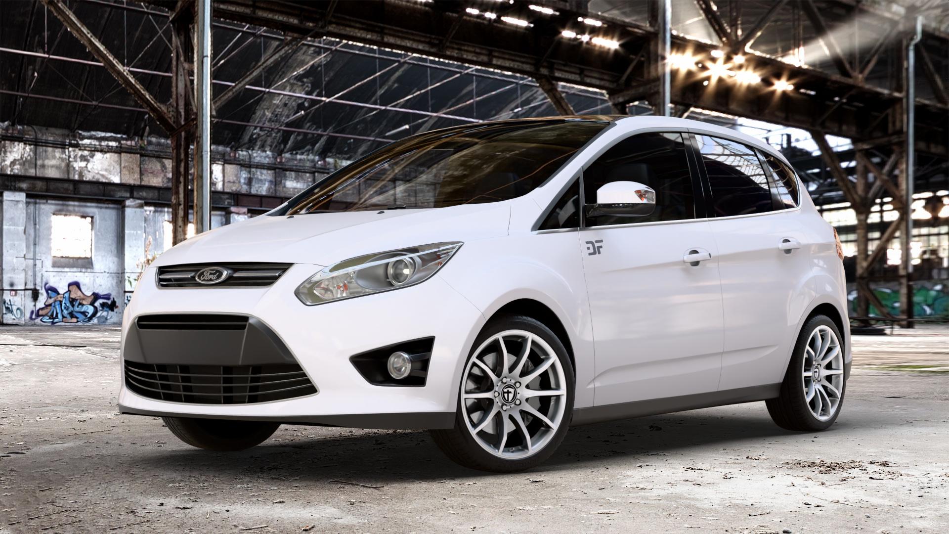TOMASON TN1 bright silver Felge mit Reifen silber in 18Zoll Winterfelge Alufelge auf weissem Ford C-Max II Typ DXA (10->) ⬇️ mit 15mm Tieferlegung ⬇️ Old Industrial Hall_max_4400mm_2024 Frontansicht_1
