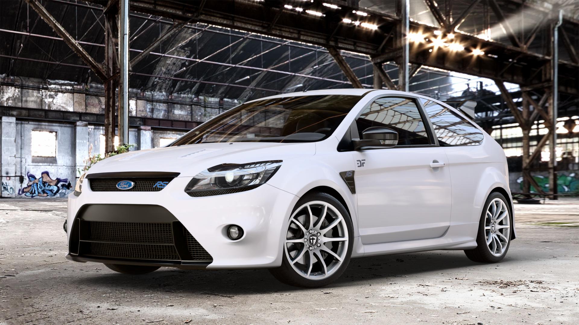TOMASON TN1 bright silver Felge mit Reifen silber in 18Zoll Winterfelge Alufelge auf weissem Ford Focus II Typ DA3 (Schrägheck) 2,5l RS 224kW (305 PS) RS500 257kW (349 ⬇️ mit 15mm Tieferlegung ⬇️ Old Industrial Hall_max_4400mm_2024 Frontansicht_1