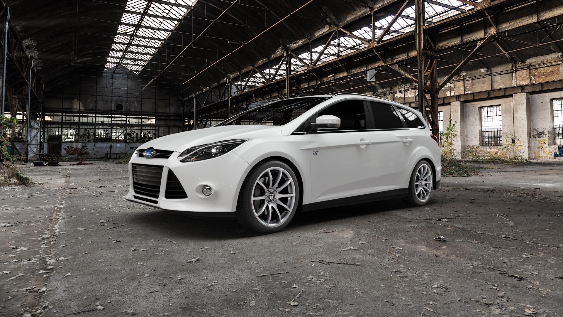 TOMASON TN1 bright silver Felge mit Reifen silber in 18Zoll Winterfelge Alufelge auf weissem Ford Focus III Typ DYB (Turnier) ⬇️ mit 15mm Tieferlegung ⬇️ Old Industrial Hall_max5000mm_2022 Frontansicht_1