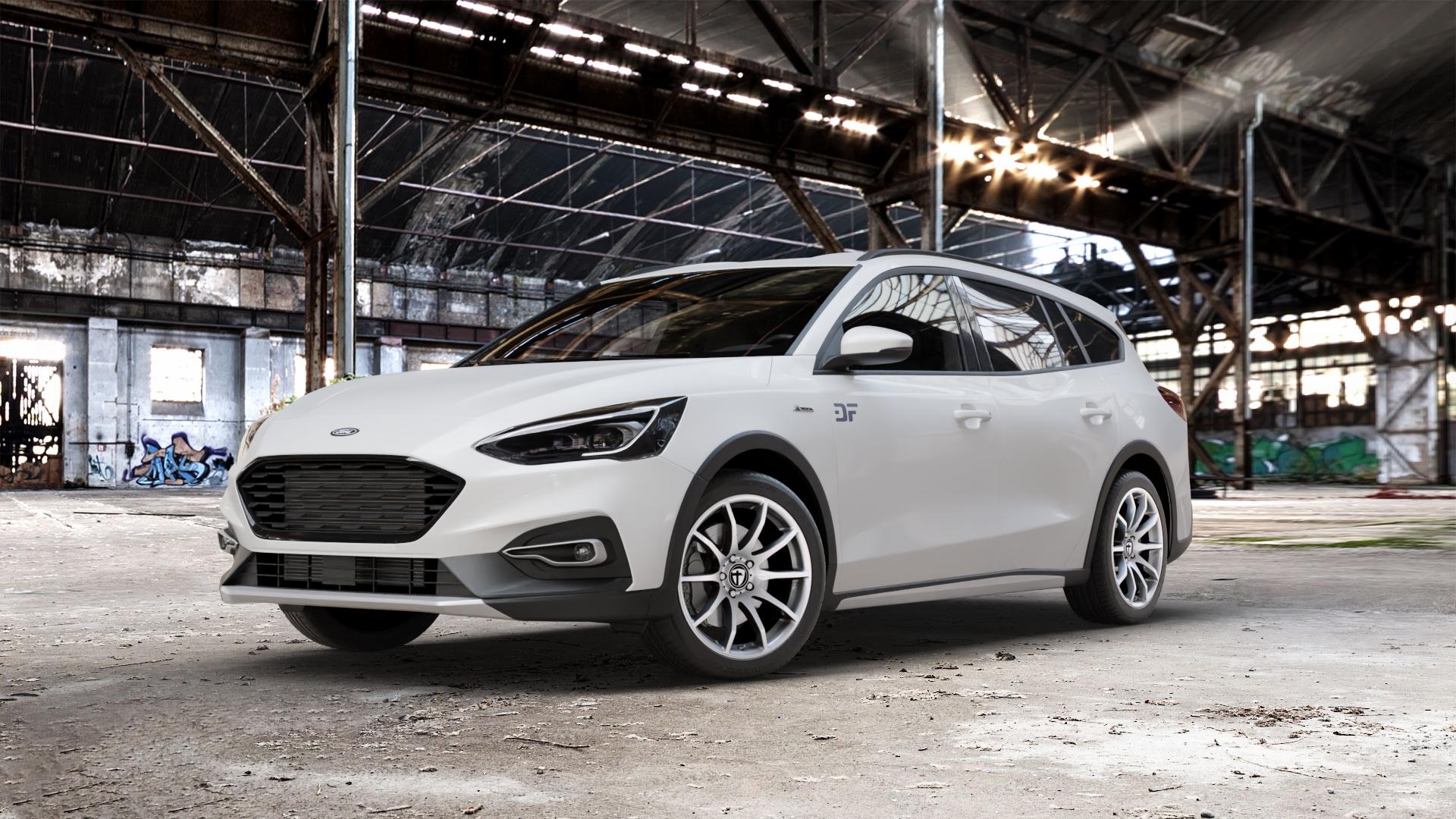 TOMASON TN1 bright silver Felge mit Reifen silber in 18Zoll Winterfelge Alufelge auf weissem Ford Focus IV Active Typ DEH (Turnier) ⬇️ mit 15mm Tieferlegung ⬇️ Old Industrial Hall_max_5300mm_2024 Frontansicht_1
