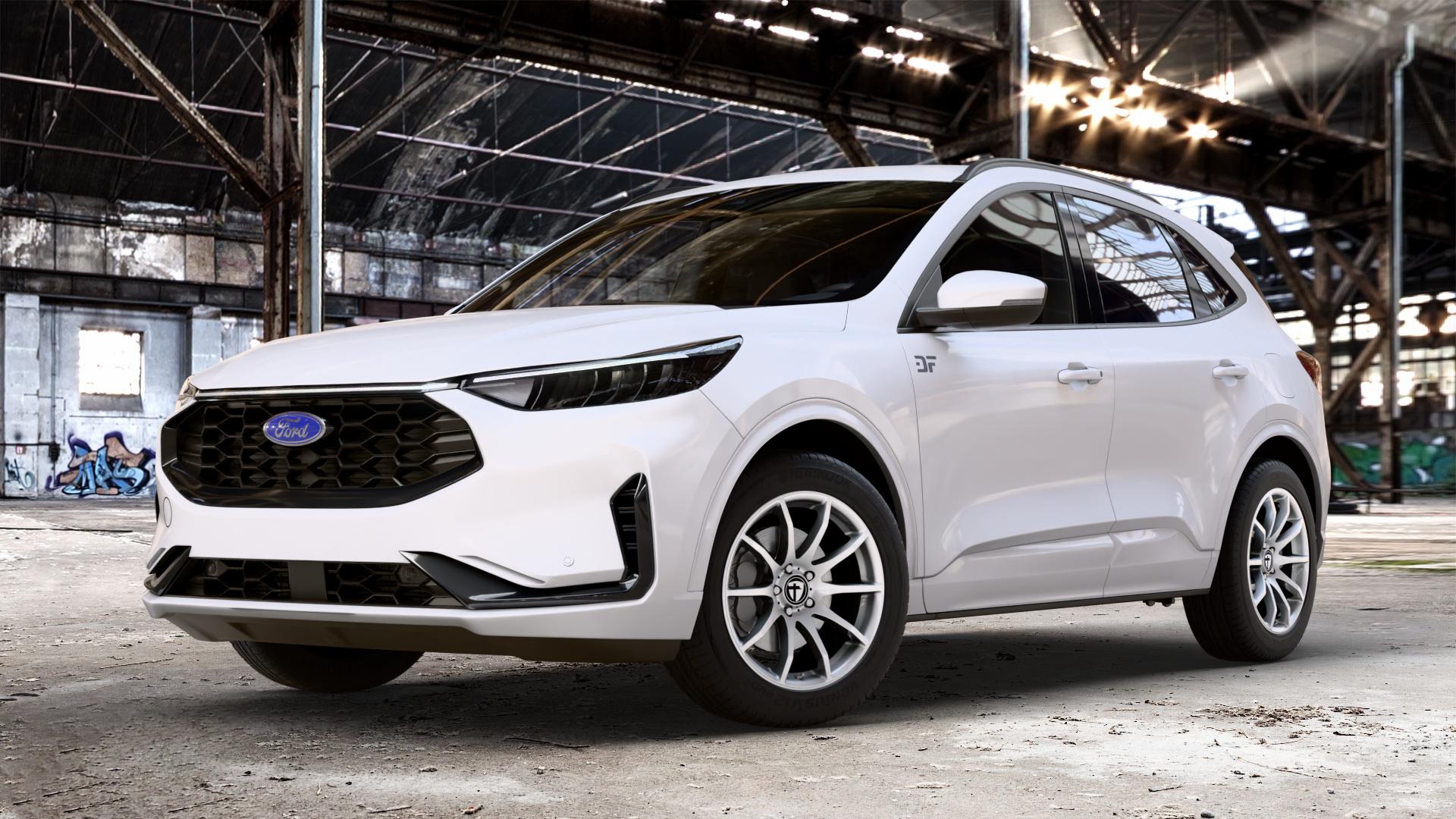 TOMASON TN1 bright silver Felge mit Reifen silber in 18Zoll Winterfelge Alufelge auf weissem Ford Kuga III Typ DFK Facelift ⬇️ mit 15mm Tieferlegung ⬇️ Old Industrial Hall_max_4400mm_2024 Frontansicht_1