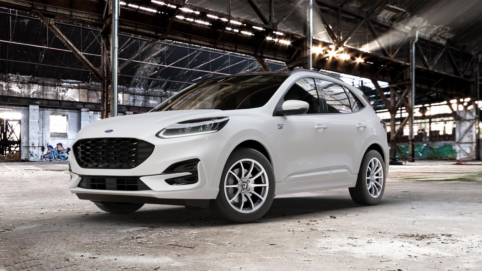 TOMASON TN1 bright silver Felge mit Reifen silber in 18Zoll Winterfelge Alufelge auf weissem Ford Kuga III Typ DFK ⬇️ mit 15mm Tieferlegung ⬇️ Old Industrial Hall_max_5300mm_2024 Frontansicht_1
