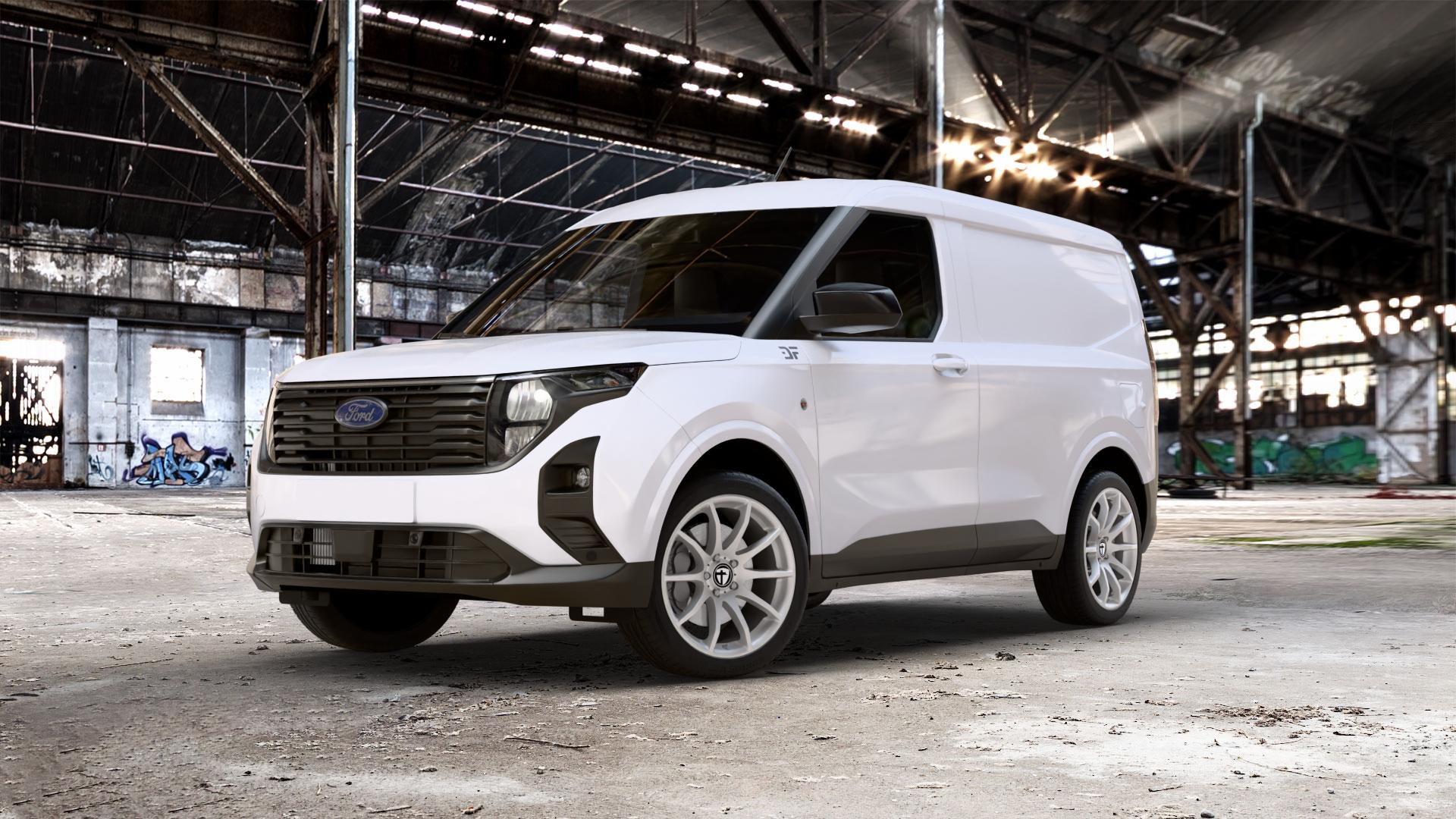 TOMASON TN1 bright silver Felge mit Reifen silber in 18Zoll Winterfelge Alufelge auf weissem Ford Transit Courier Typ N3P 1,0l EcoBoost 92kW (125 PS) 74kW (101 1,5l EcoBlue 73kW (99 ⬇️ mit 15mm Tieferlegung ⬇️ Old Industrial Hall_max_5300mm_2024 Frontansicht_1