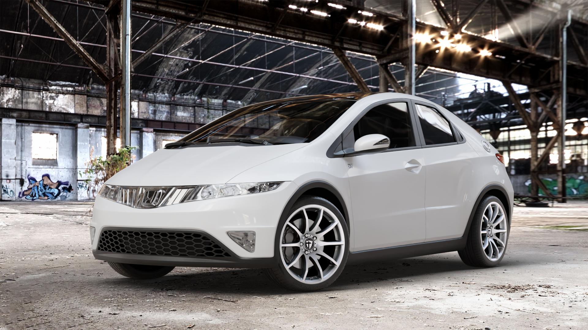TOMASON TN1 bright silver Felge mit Reifen silber in 18Zoll Winterfelge Alufelge auf weissem Honda Civic 8 Fünftürer (FK) ⬇️ mit 15mm Tieferlegung ⬇️ Old Industrial Hall_max_4400mm_2024 Frontansicht_1
