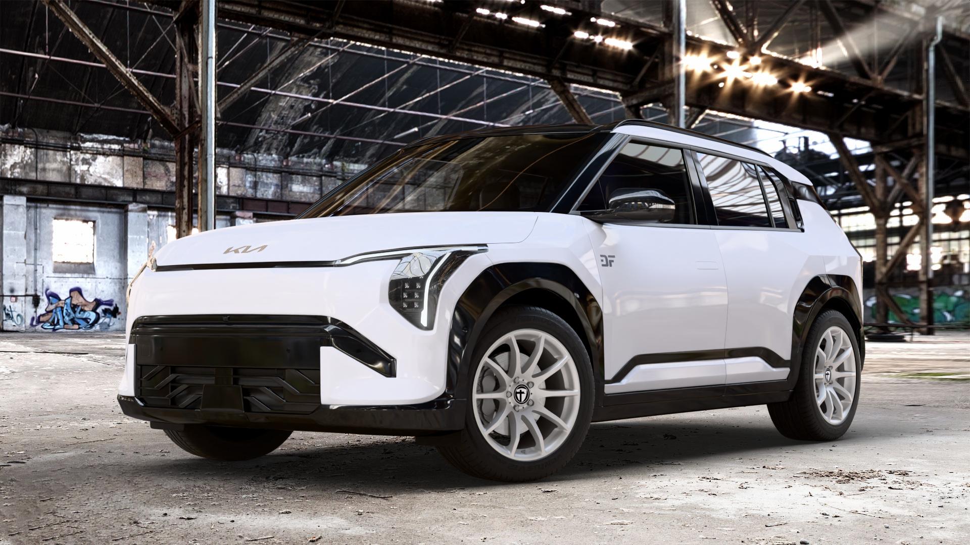 TOMASON TN1 bright silver Felge mit Reifen silber in 18Zoll Winterfelge Alufelge auf weissem Kia EV3 Typ SV1 0,0l 50kW (68 PS) ⬇️ mit 15mm Tieferlegung ⬇️ Old Industrial Hall_max_4400mm_2024 Frontansicht_1