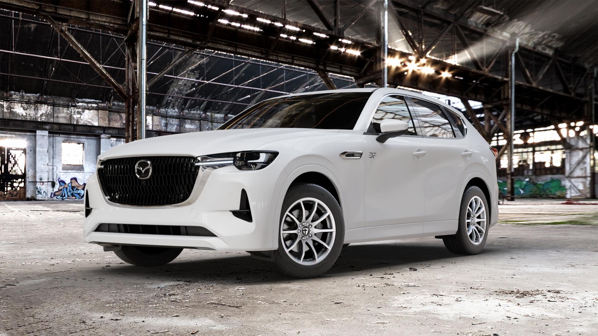 TOMASON TN1 bright silver Felge mit Reifen silber in 18Zoll Winterfelge Alufelge auf weissem Mazda CX-60 Typ KH01 ⬇️ mit 15mm Tieferlegung ⬇️ Old Industrial Hall_max_5300mm_2024 Frontansicht_1