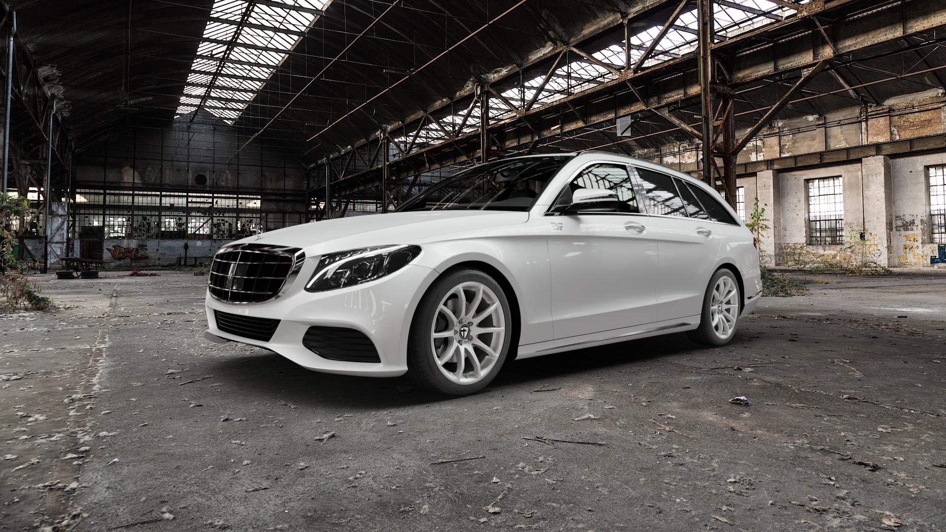 TOMASON TN1 bright silver Felge mit Reifen silber in 18Zoll Winterfelge Alufelge auf weissem Mercedes C-Klasse Typ S205 Kombi ⬇️ mit 15mm Tieferlegung ⬇️ Old Industrial Hall_max5000mm_2022 Frontansicht_1