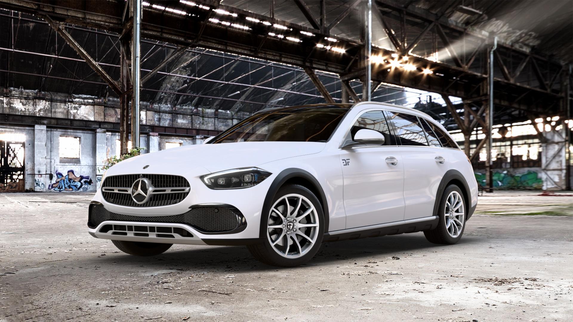 TOMASON TN1 bright silver Felge mit Reifen silber in 18Zoll Winterfelge Alufelge auf weissem Mercedes C-Klasse Typ S206 All-Terrain 1,5l C 200 4Matic 150kW Mild-Hybrid (204 PS) 2,0l 220d 145kW (197 ⬇️ mit 15mm Tieferlegung ⬇️ Old Industrial Hall_max_5300mm_2024 Frontansicht_1