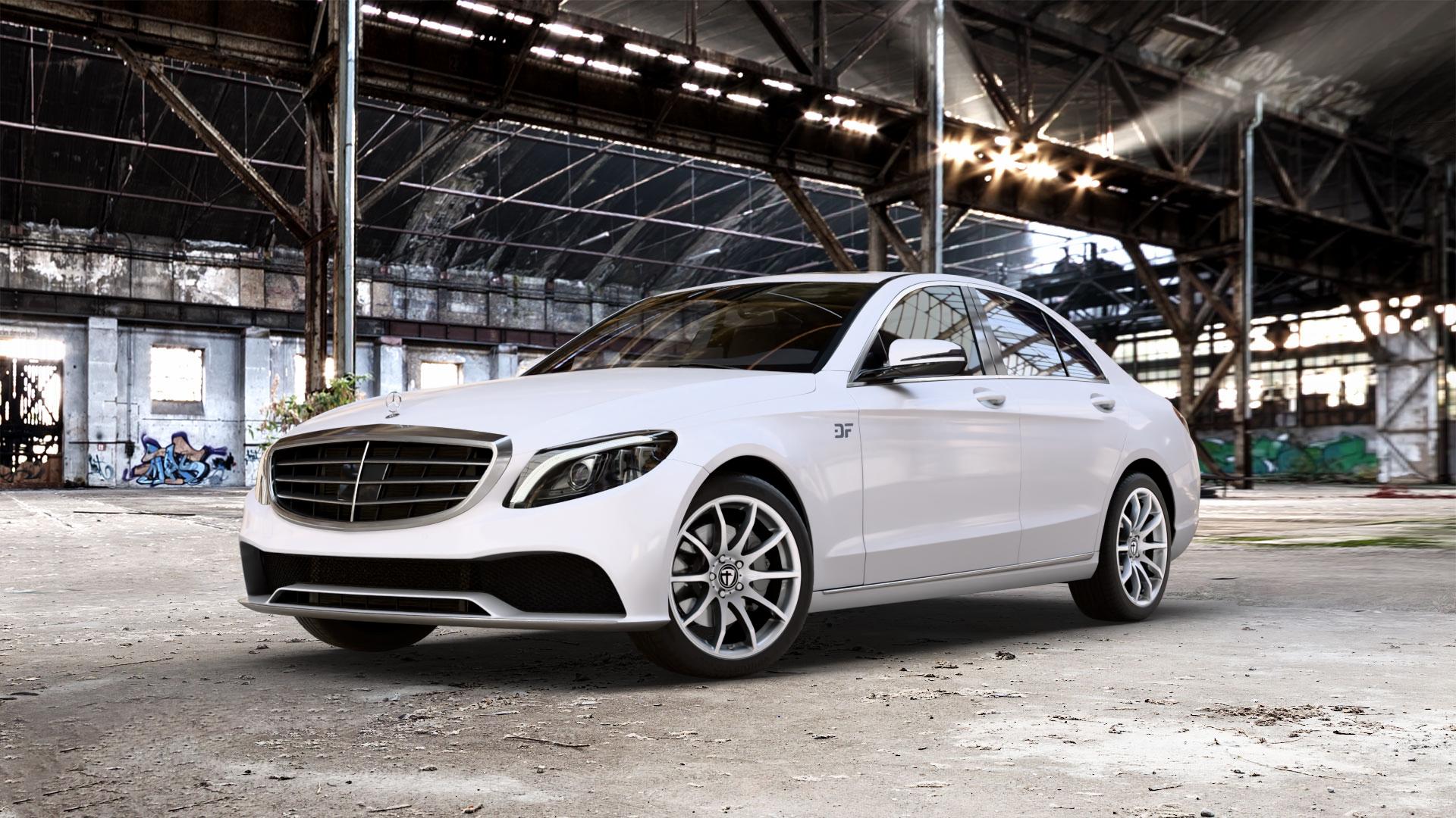 TOMASON TN1 bright silver Felge mit Reifen silber in 18Zoll Winterfelge Alufelge auf weissem Mercedes C-Klasse Typ W205 Limousine Facelift ⬇️ mit 15mm Tieferlegung ⬇️ Old Industrial Hall_max_5300mm_2024 Frontansicht_1