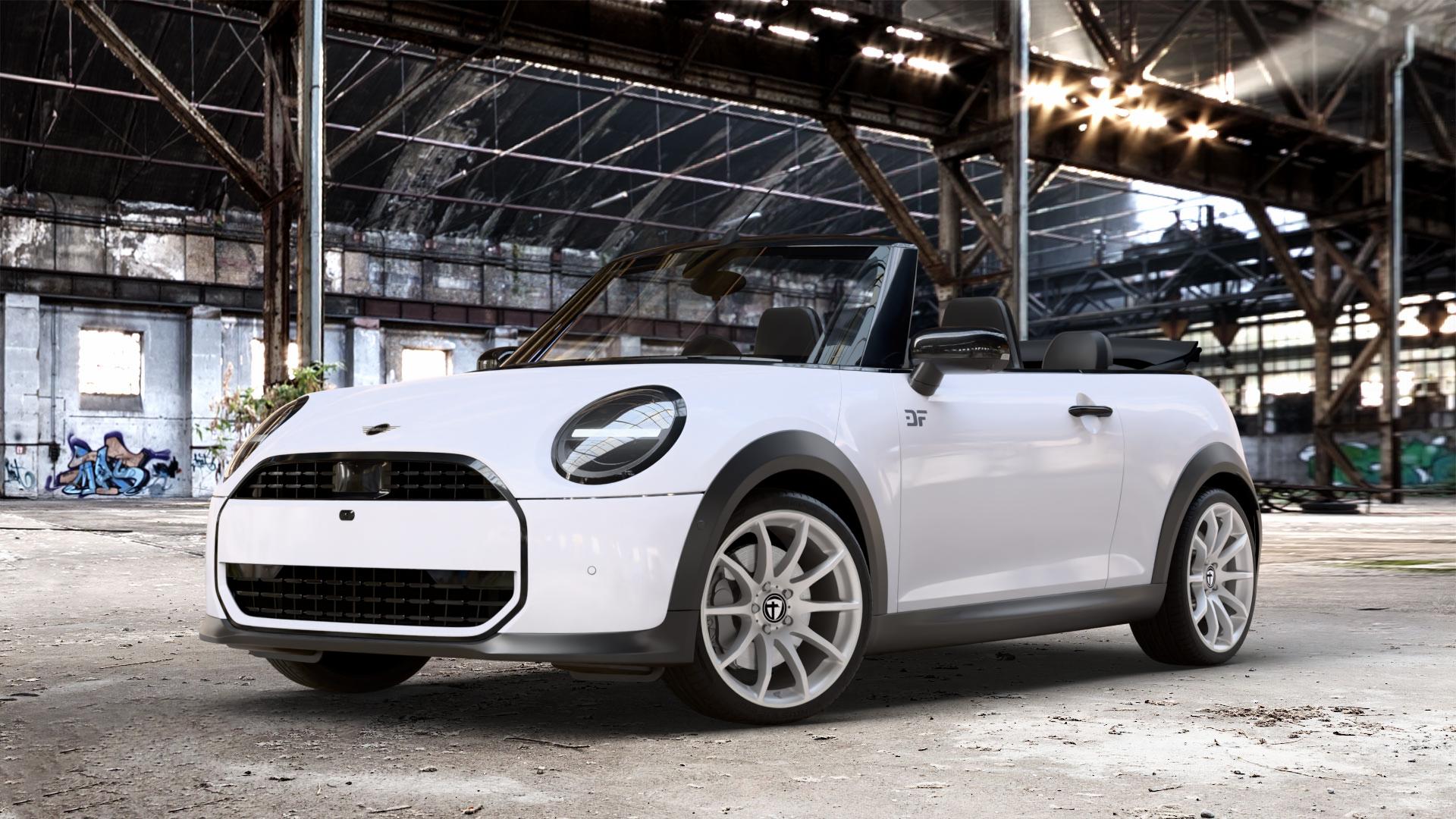 TOMASON TN1 bright silver Felge mit Reifen silber in 18Zoll Winterfelge Alufelge auf weissem Mini F67 Typ FM6 (Cabrio) 2,0l Cooper 120kW (163 PS) S 150kW (204 JCW 170kW (231 ⬇️ mit 15mm Tieferlegung ⬇️ Old Industrial Hall_max_4400mm_2024 Frontansicht_1