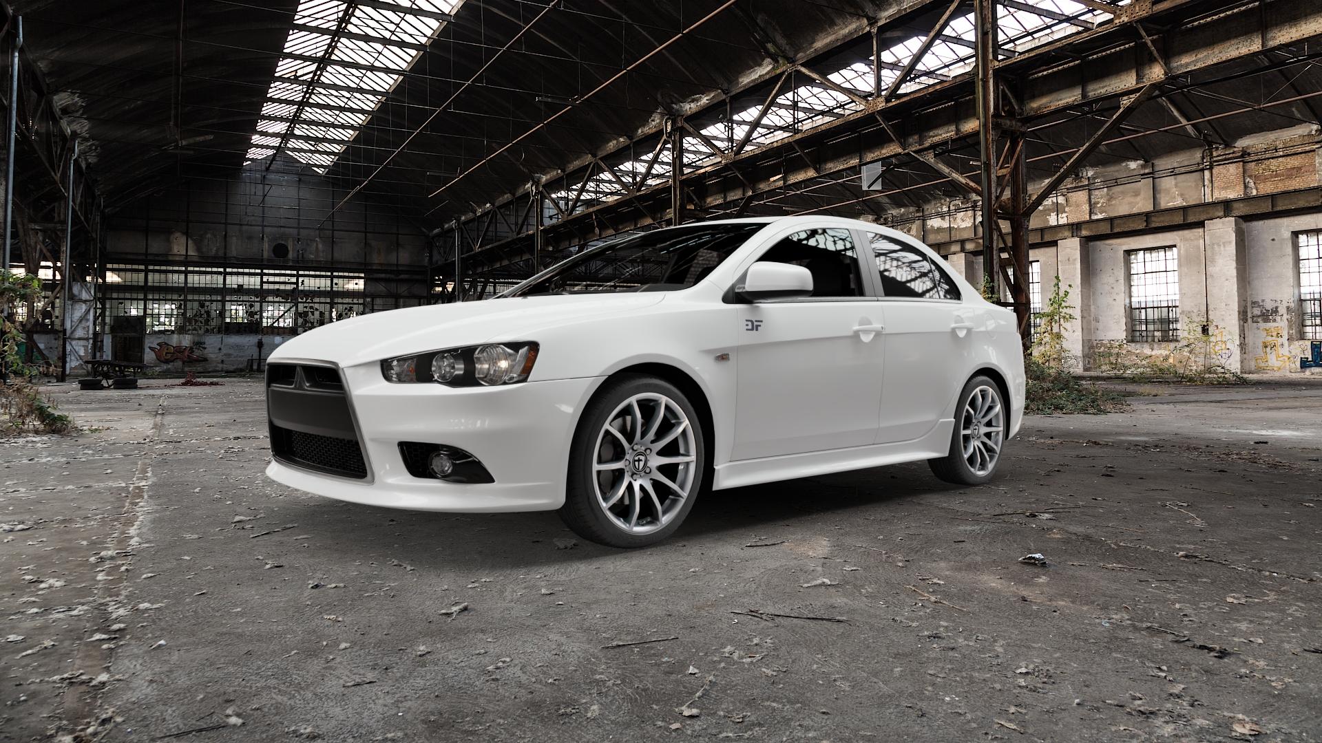 TOMASON TN1 bright silver Felge mit Reifen silber in 18Zoll Winterfelge Alufelge auf weissem Mitsubishi Lancer Typ CYO Stufenheck Sportback ⬇️ mit 15mm Tieferlegung ⬇️ Old Industrial Hall_max5000mm_2022 Frontansicht_1