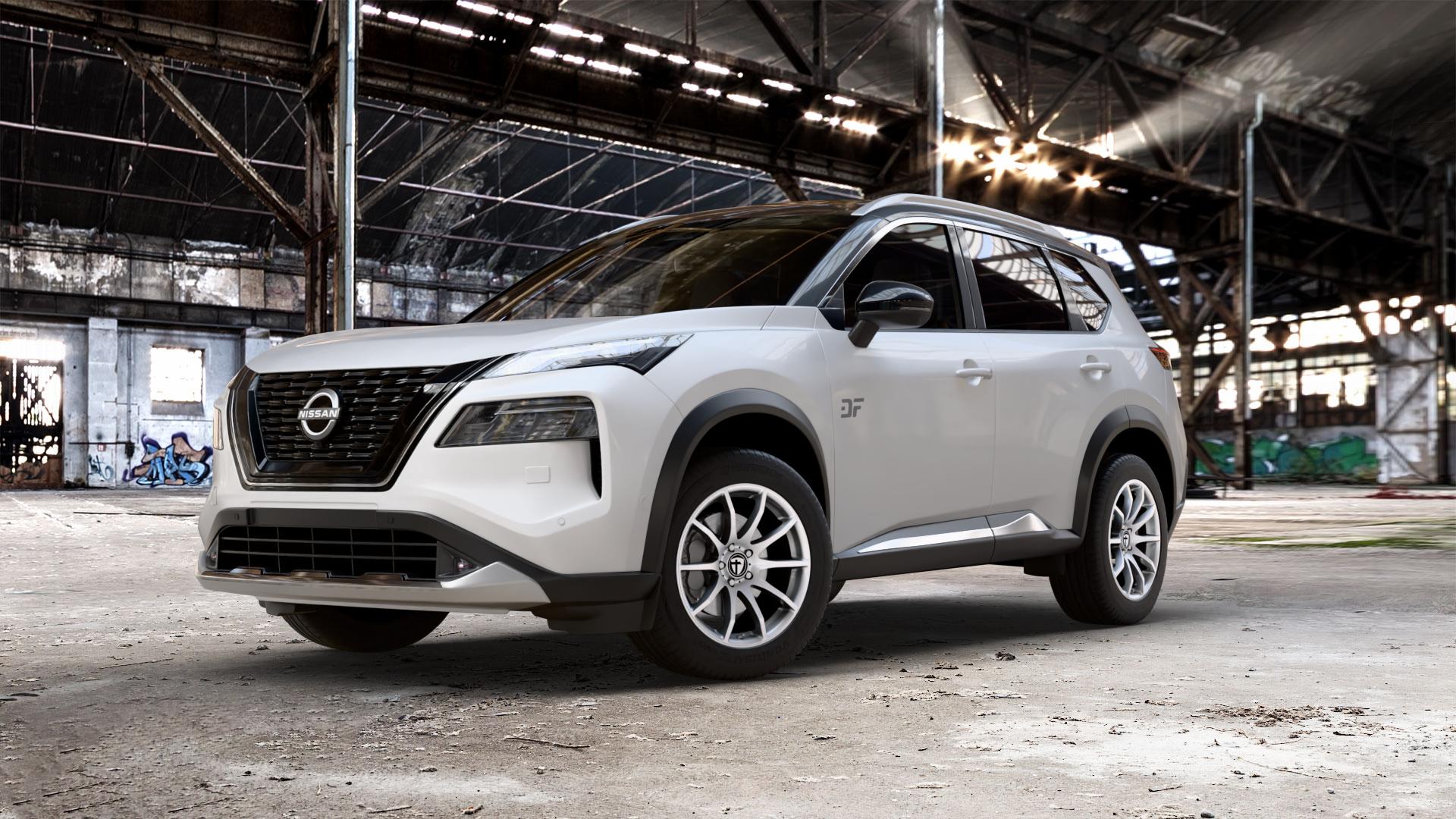 TOMASON TN1 bright silver Felge mit Reifen silber in 18Zoll Winterfelge Alufelge auf weissem Nissan X-Trail Typ T33 ⬇️ mit 15mm Tieferlegung ⬇️ Old Industrial Hall_max_5300mm_2024 Frontansicht_1