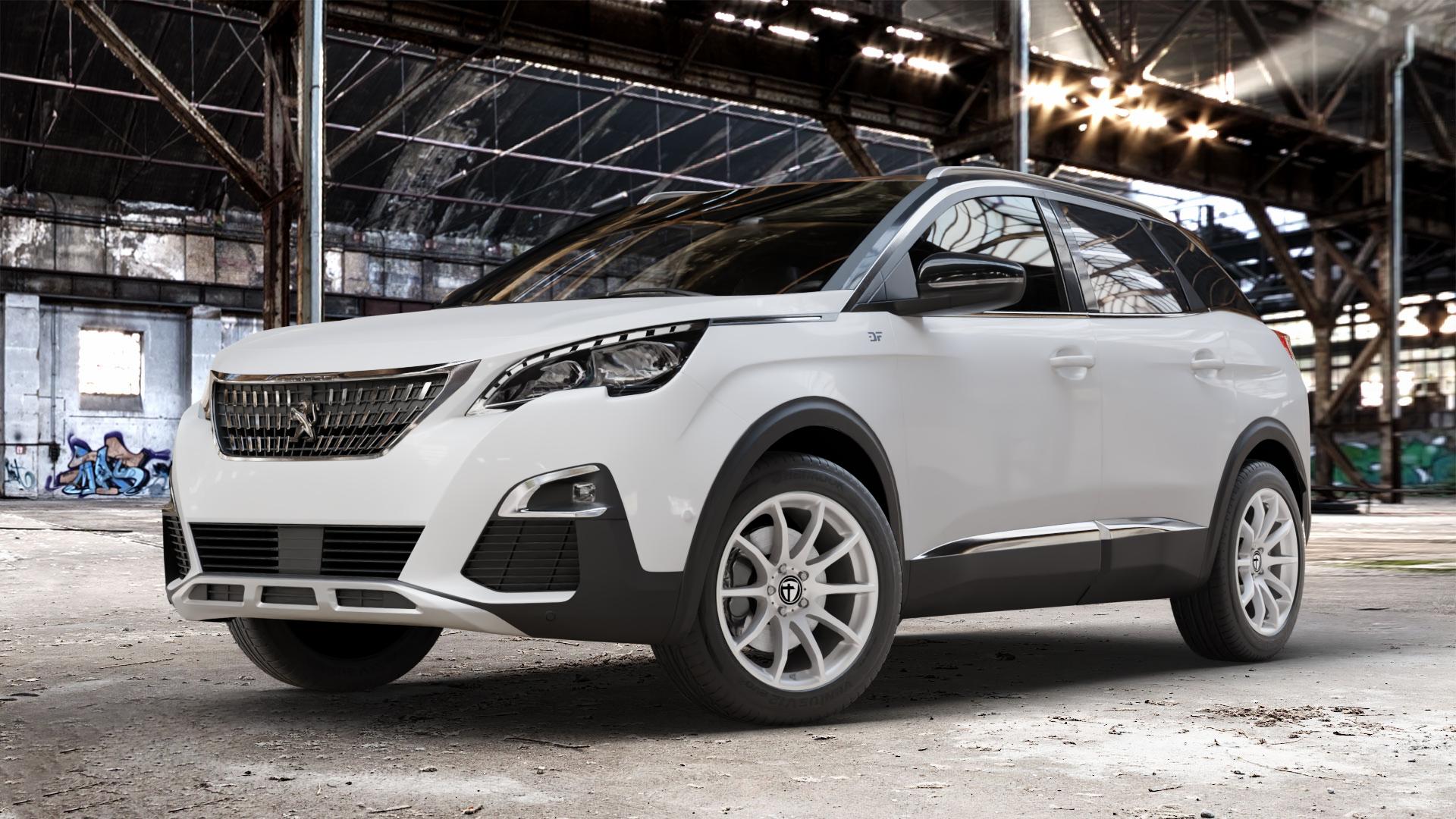 TOMASON TN1 bright silver Felge mit Reifen silber in 18Zoll Winterfelge Alufelge auf weissem Peugeot 3008 II Typ M ⬇️ mit 15mm Tieferlegung ⬇️ Old Industrial Hall_max_4400mm_2024 Frontansicht_1