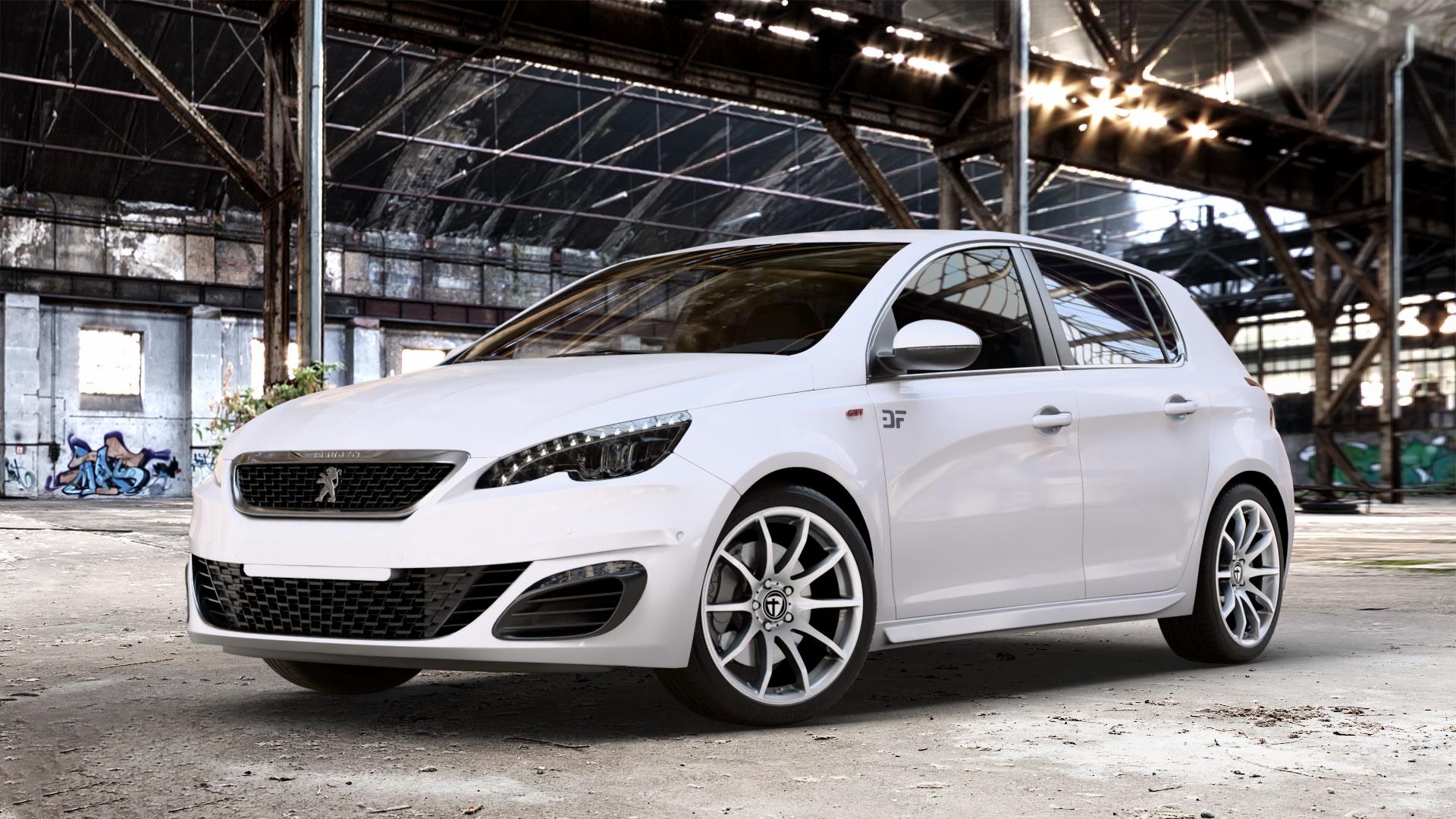 TOMASON TN1 bright silver Felge mit Reifen silber in 18Zoll Winterfelge Alufelge auf weissem Peugeot 308 II Typ L Facelift ⬇️ mit 15mm Tieferlegung ⬇️ Old Industrial Hall_max_4400mm_2024 Frontansicht_1