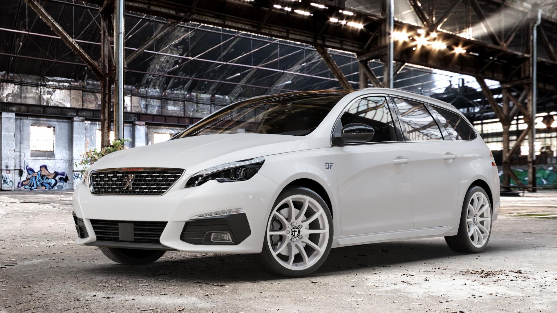 TOMASON TN1 bright silver Felge mit Reifen silber in 18Zoll Winterfelge Alufelge auf weissem Peugeot 308 SW II Typ L Facelift ⬇️ mit 15mm Tieferlegung ⬇️ Old Industrial Hall_max_4400mm_2024 Frontansicht_1