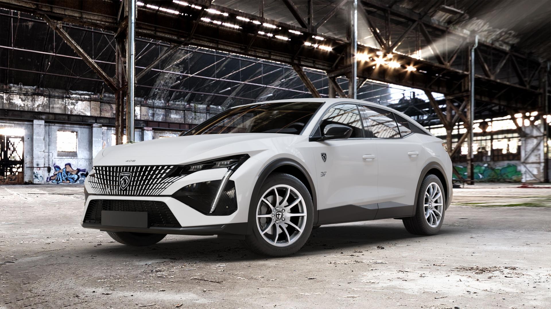 TOMASON TN1 bright silver Felge mit Reifen silber in 18Zoll Winterfelge Alufelge auf weissem Peugeot 408 Typ F ⬇️ mit 15mm Tieferlegung ⬇️ Old Industrial Hall_max_5300mm_2024 Frontansicht_1