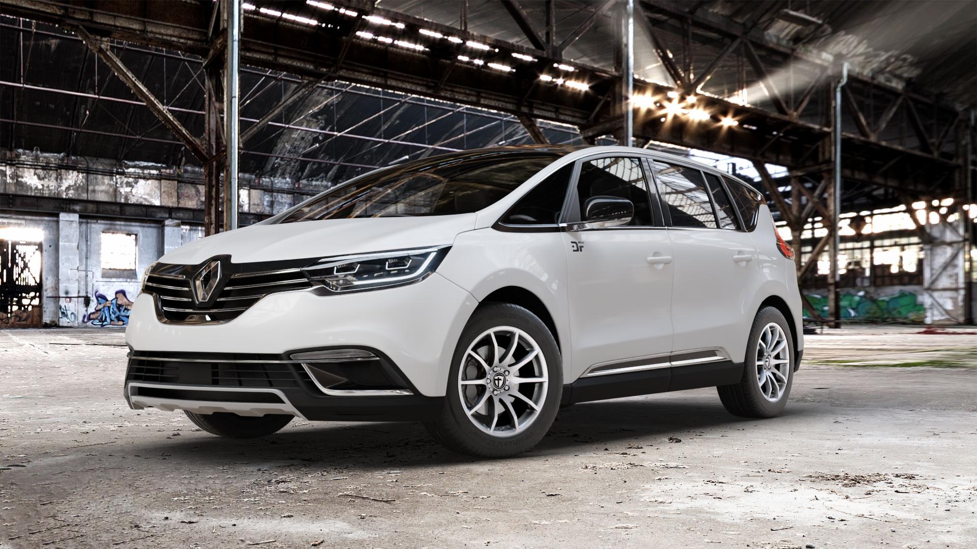 TOMASON TN1 bright silver Felge mit Reifen silber in 18Zoll Winterfelge Alufelge auf weissem Renault Espace V Typ RFC Facelift ⬇️ mit 15mm Tieferlegung ⬇️ Old Industrial Hall_max_5300mm_2024 Frontansicht_1