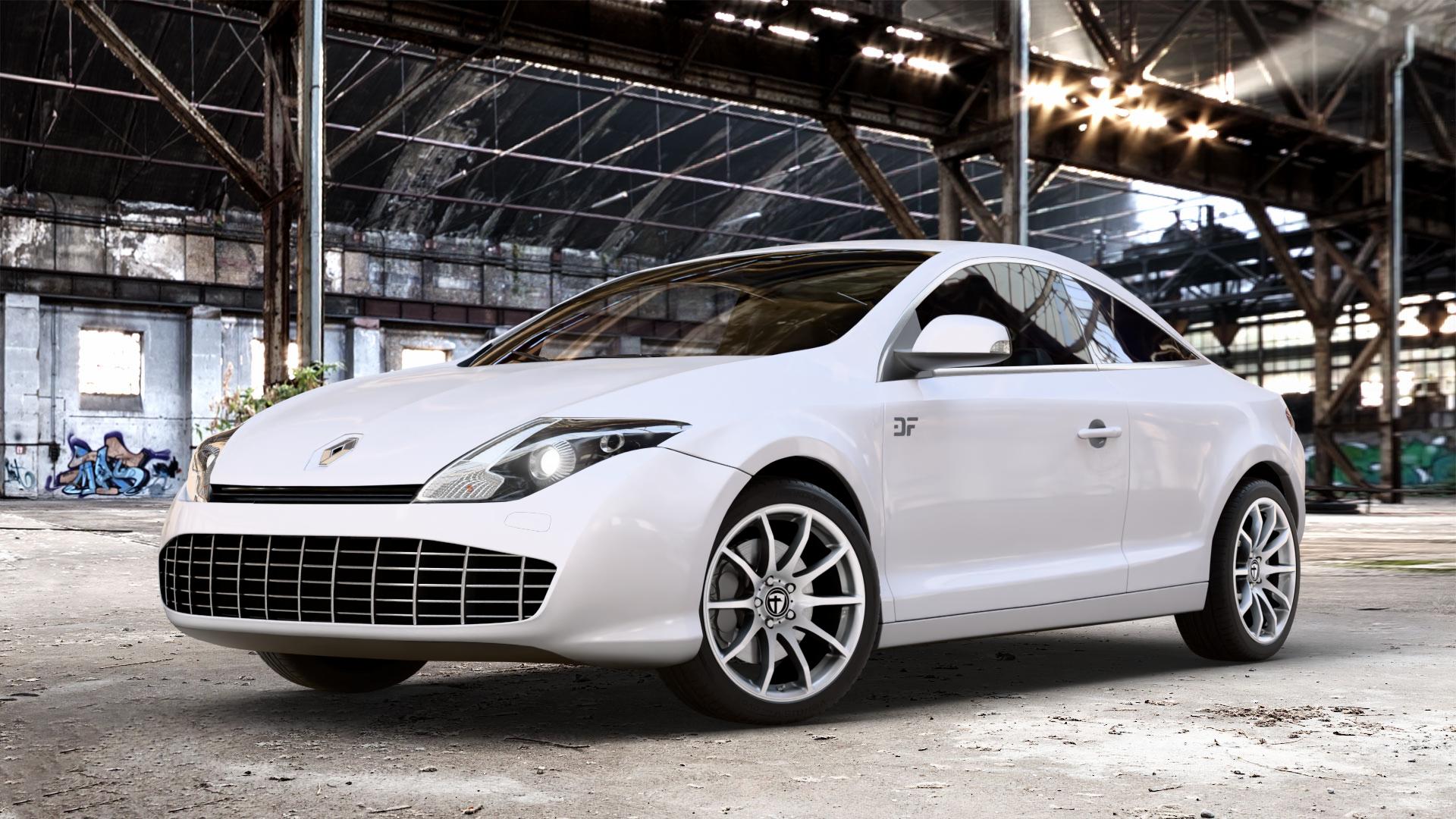 TOMASON TN1 bright silver Felge mit Reifen silber in 18Zoll Winterfelge Alufelge auf weissem Renault Laguna III Coupé Typ T ⬇️ mit 15mm Tieferlegung ⬇️ Old Industrial Hall_max_4400mm_2024 Frontansicht_1