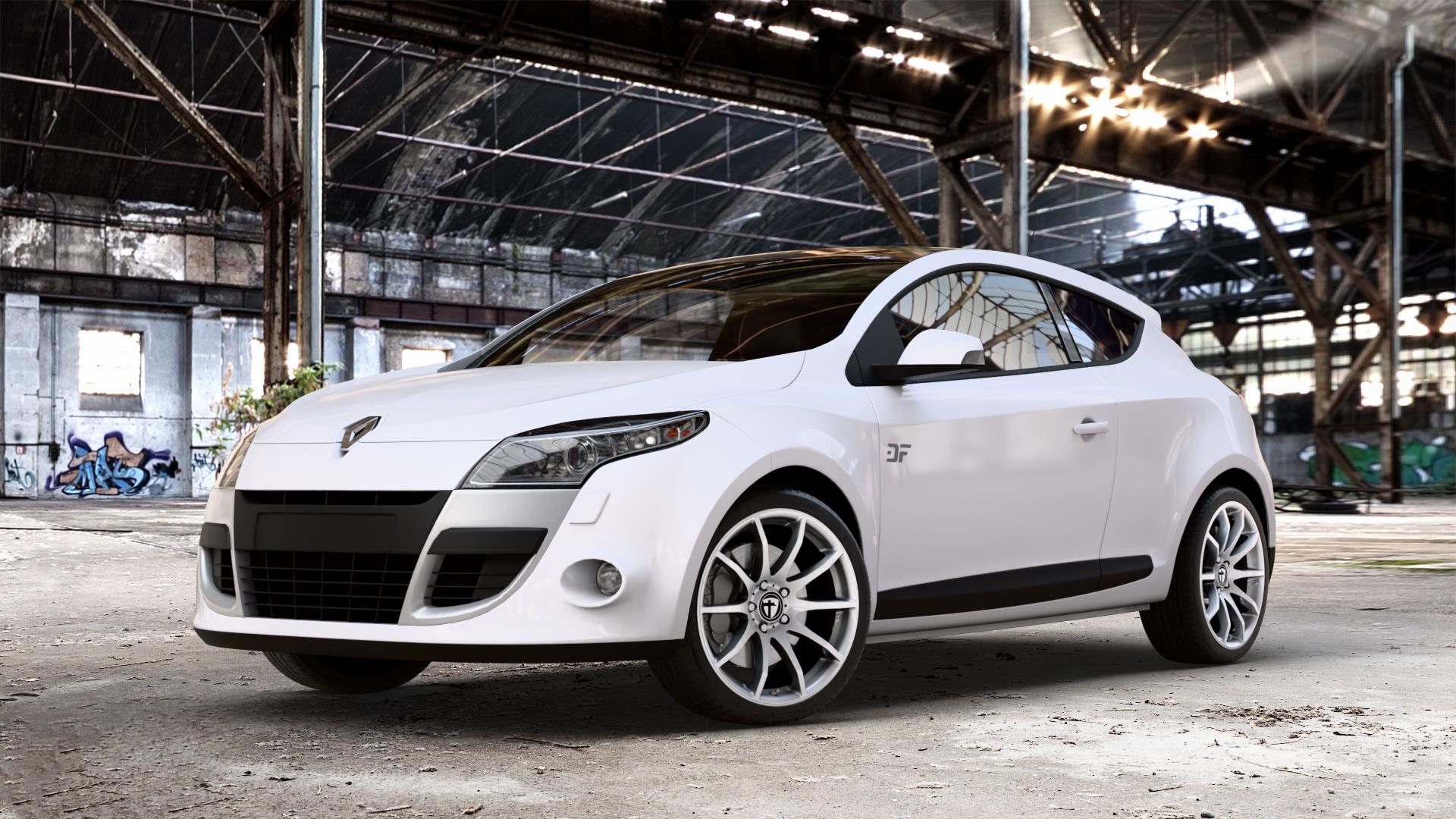 TOMASON TN1 bright silver Felge mit Reifen silber in 18Zoll Winterfelge Alufelge auf weissem Renault Megane III Coupé Typ Z ⬇️ mit 15mm Tieferlegung ⬇️ Old Industrial Hall_max_4400mm_2024 Frontansicht_1