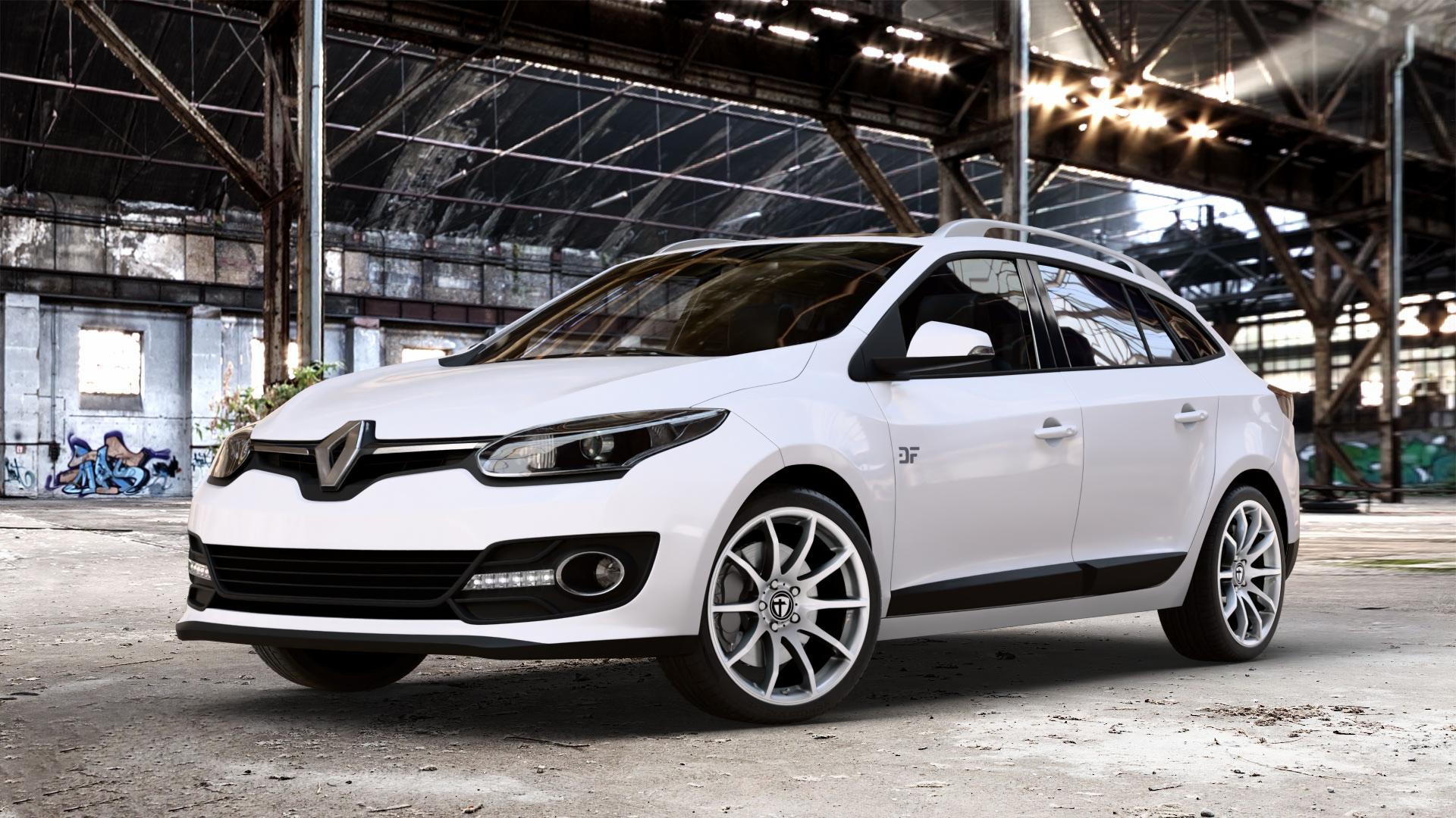 TOMASON TN1 bright silver Felge mit Reifen silber in 18Zoll Winterfelge Alufelge auf weissem Renault Megane III Grandtour Typ Z ⬇️ mit 15mm Tieferlegung ⬇️ Old Industrial Hall_max_4400mm_2024 Frontansicht_1