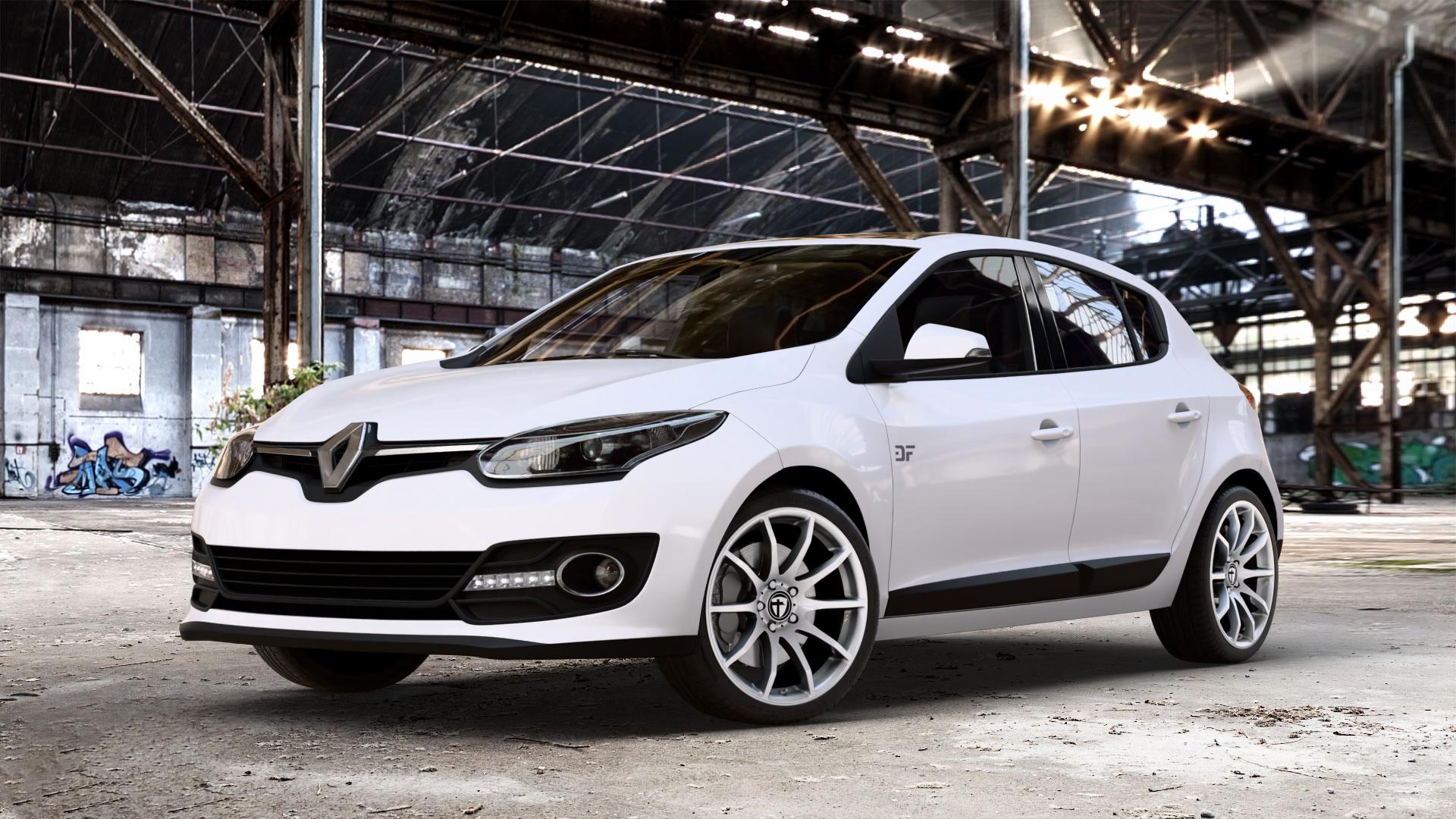 TOMASON TN1 bright silver Felge mit Reifen silber in 18Zoll Winterfelge Alufelge auf weissem Renault Megane III Schrägheck Typ Z ⬇️ mit 15mm Tieferlegung ⬇️ Old Industrial Hall_max_4400mm_2024 Frontansicht_1
