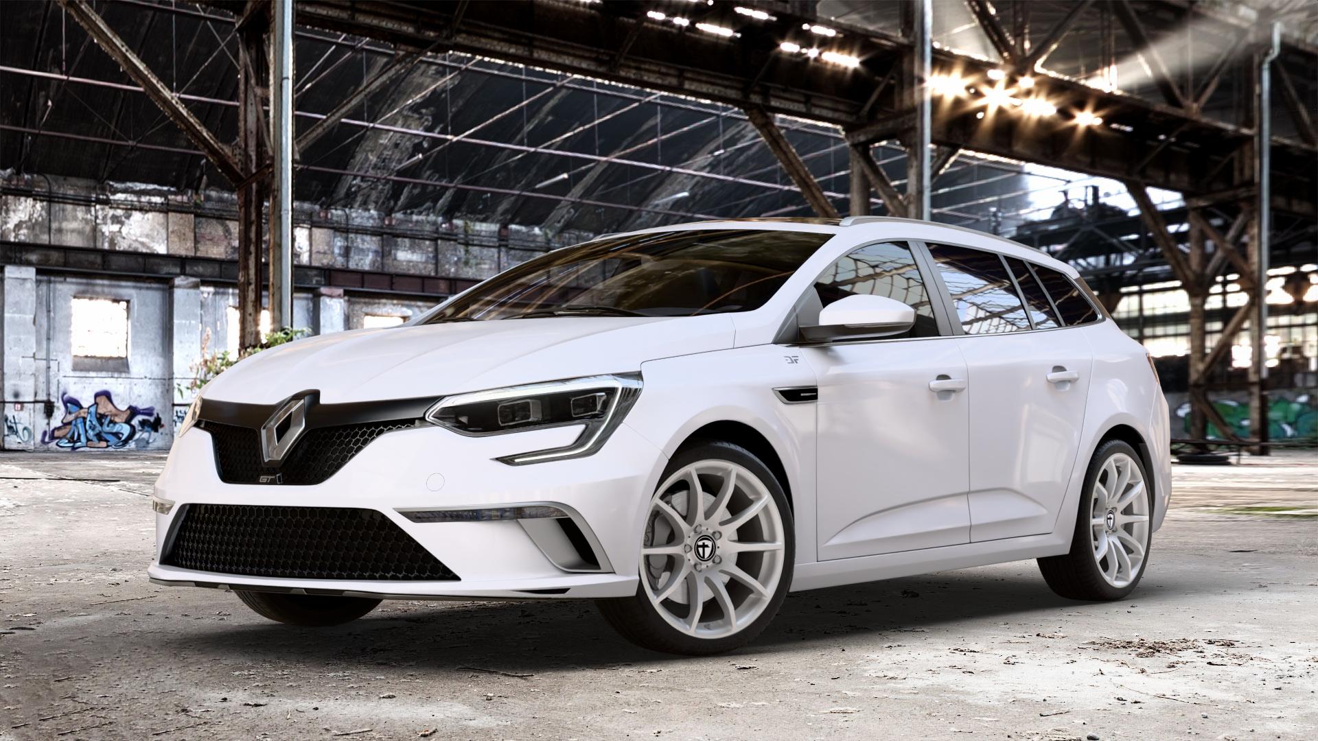 TOMASON TN1 bright silver Felge mit Reifen silber in 18Zoll Winterfelge Alufelge auf weissem Renault Megane IV Grandtour Typ RFB Facelift ⬇️ mit 15mm Tieferlegung ⬇️ Old Industrial Hall_max_4400mm_2024 Frontansicht_1