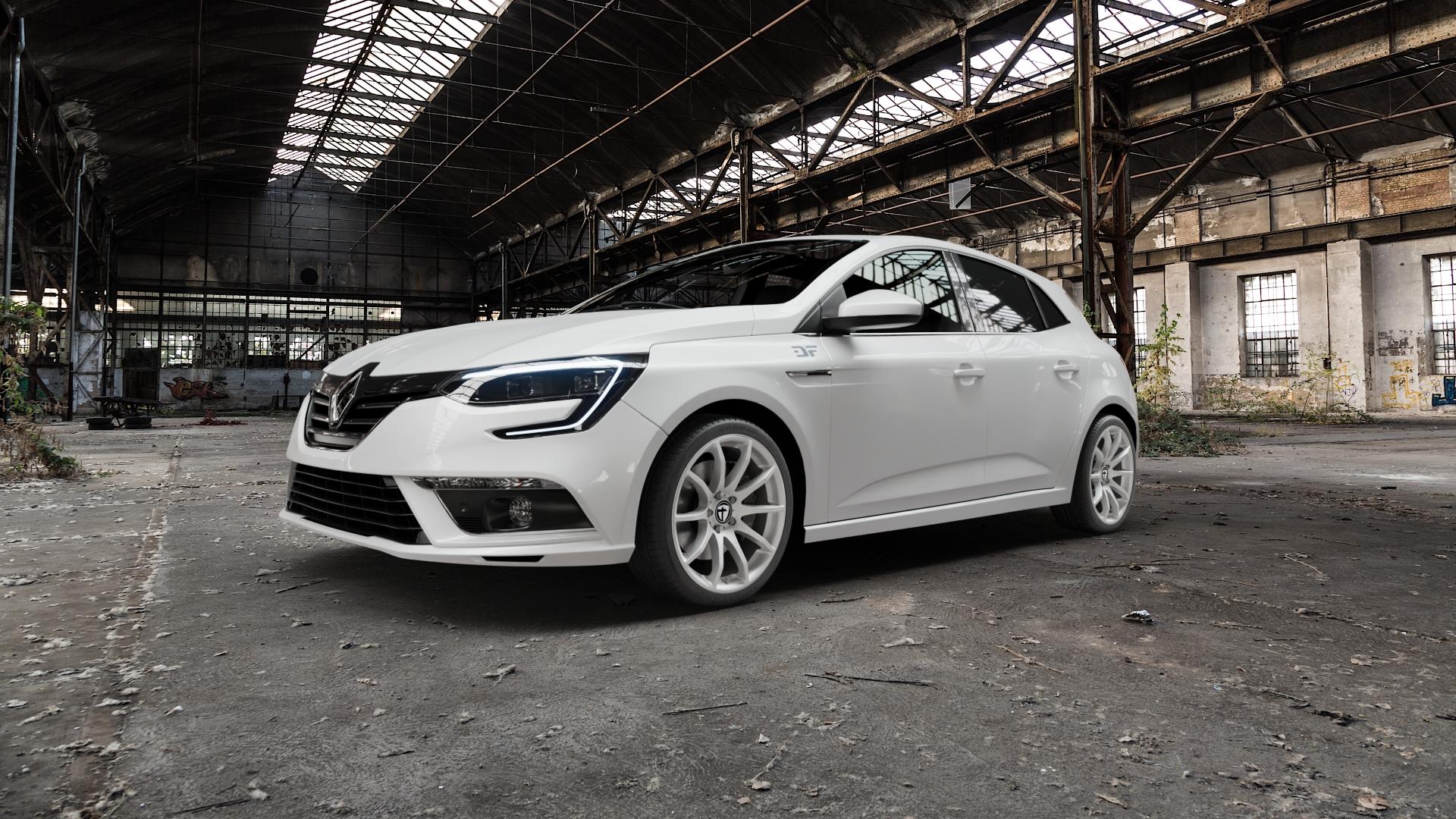 TOMASON TN1 bright silver Felge mit Reifen silber in 18Zoll Winterfelge Alufelge auf weissem Renault Megane IV Typ RFB Facelift ⬇️ mit 15mm Tieferlegung ⬇️ Old Industrial Hall_max5000mm_2022 Frontansicht_1