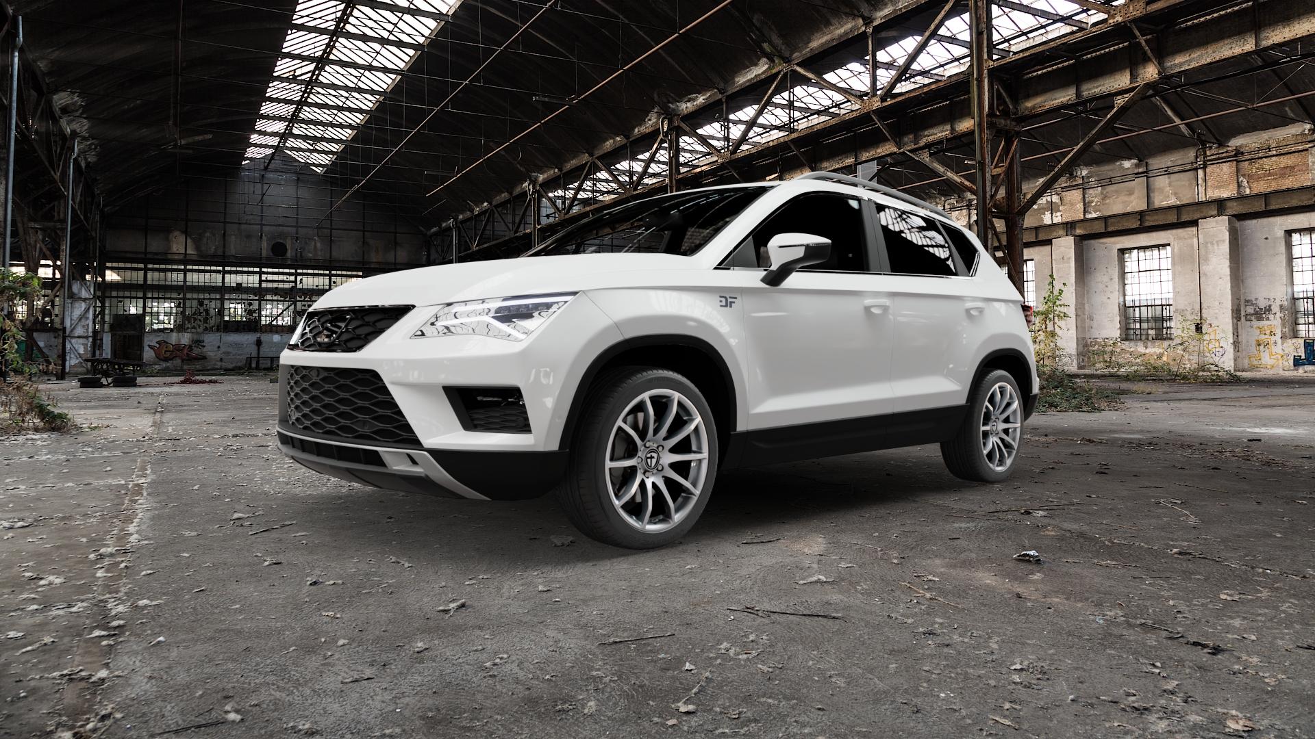 TOMASON TN1 bright silver Felge mit Reifen silber in 18Zoll Winterfelge Alufelge auf weissem Seat Ateca Typ 5FP X-Perience ⬇️ mit 15mm Tieferlegung ⬇️ Old Industrial Hall_max5000mm_2022 Frontansicht_1