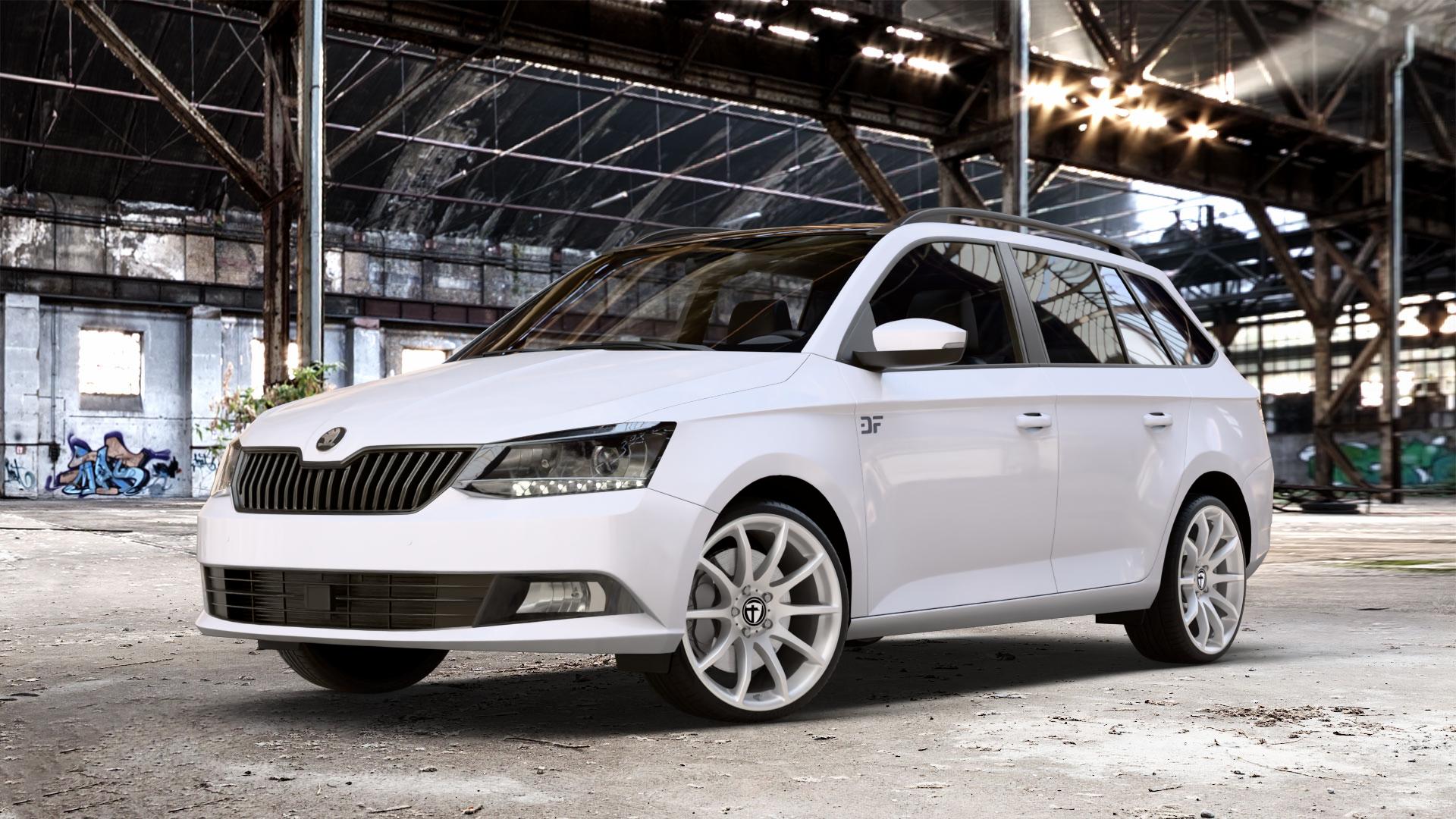 TOMASON TN1 bright silver Felge mit Reifen silber in 18Zoll Winterfelge Alufelge auf weissem Skoda Fabia III Kombi Typ 5J Facelift ⬇️ mit 15mm Tieferlegung ⬇️ Old Industrial Hall_max_4400mm_2024 Frontansicht_1