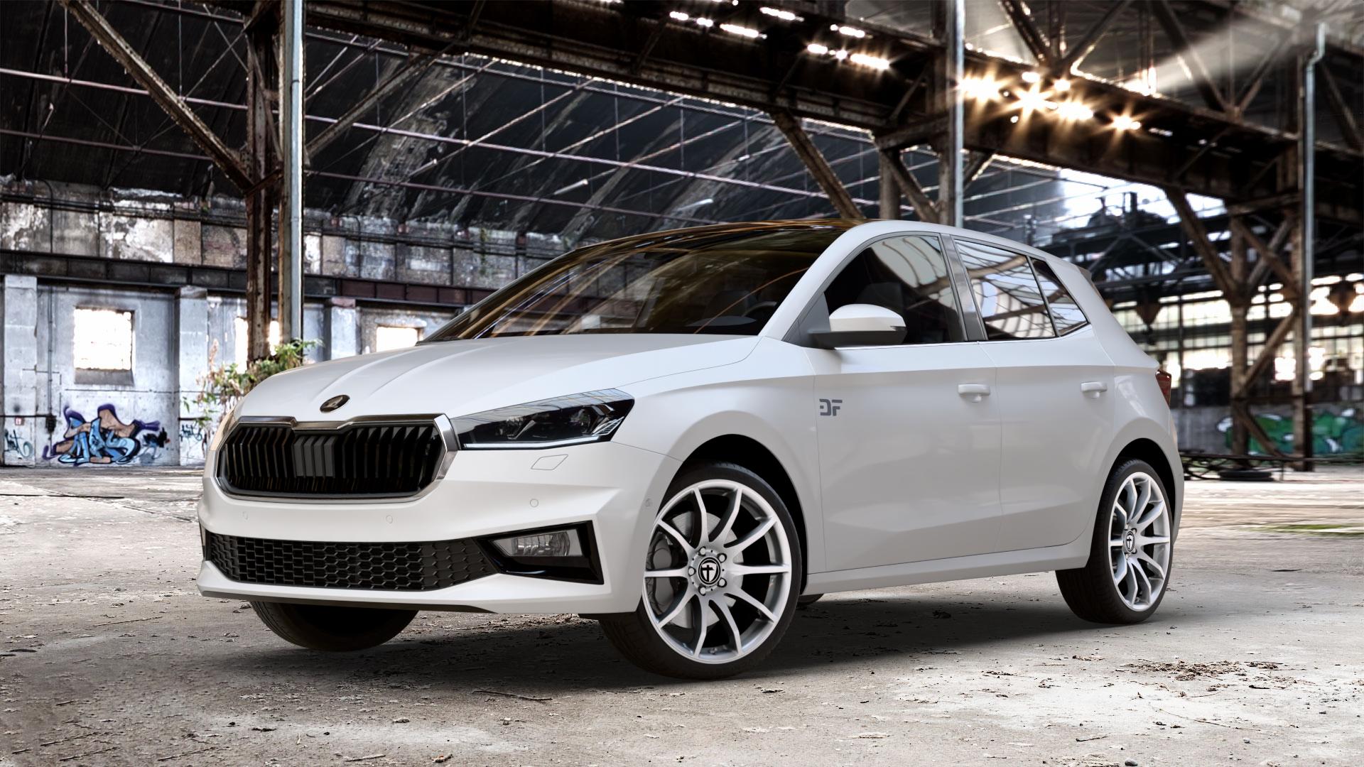 TOMASON TN1 bright silver Felge mit Reifen silber in 18Zoll Winterfelge Alufelge auf weissem Skoda Fabia IV Typ PJ ⬇️ mit 15mm Tieferlegung ⬇️ Old Industrial Hall_max_4400mm_2024 Frontansicht_1