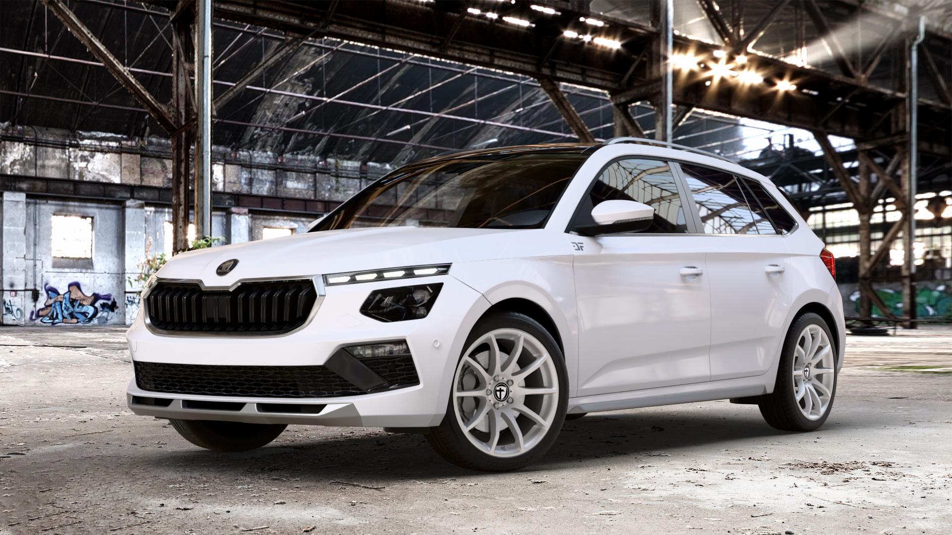 TOMASON TN1 bright silver Felge mit Reifen silber in 18Zoll Winterfelge Alufelge auf weissem Skoda Kamiq Typ NW Facelift 1,0l TSI 70kW (95 PS) 85kW (116 1,5l 110kW (150 ⬇️ mit 15mm Tieferlegung ⬇️ Old Industrial Hall_max_4400mm_2024 Frontansicht_1