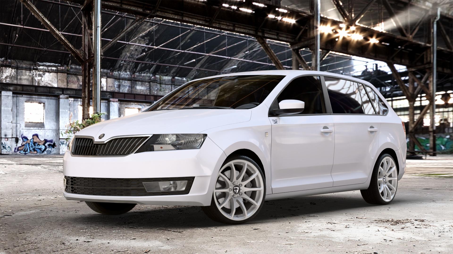 TOMASON TN1 bright silver Felge mit Reifen silber in 18Zoll Winterfelge Alufelge auf weissem Skoda Rapid Spaceback Typ NH ⬇️ mit 15mm Tieferlegung ⬇️ Old Industrial Hall_max_4400mm_2024 Frontansicht_1