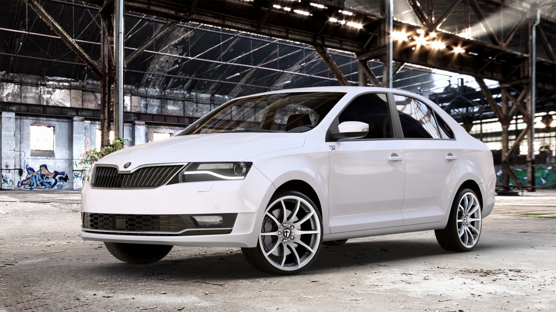 TOMASON TN1 bright silver Felge mit Reifen silber in 18Zoll Winterfelge Alufelge auf weissem Skoda Rapid Typ NH Facelift ⬇️ mit 15mm Tieferlegung ⬇️ Old Industrial Hall_max_4400mm_2024 Frontansicht_1