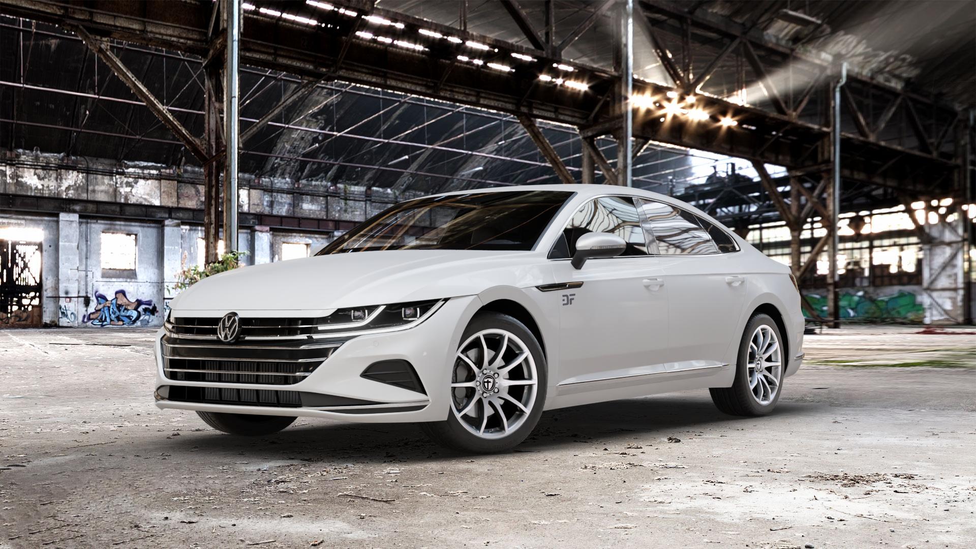 TOMASON TN1 bright silver Felge mit Reifen silber in 18Zoll Winterfelge Alufelge auf weissem Volkswagen (VW) Arteon Typ 3H Facelift ⬇️ mit 15mm Tieferlegung ⬇️ Old Industrial Hall_max_5300mm_2024 Frontansicht_1