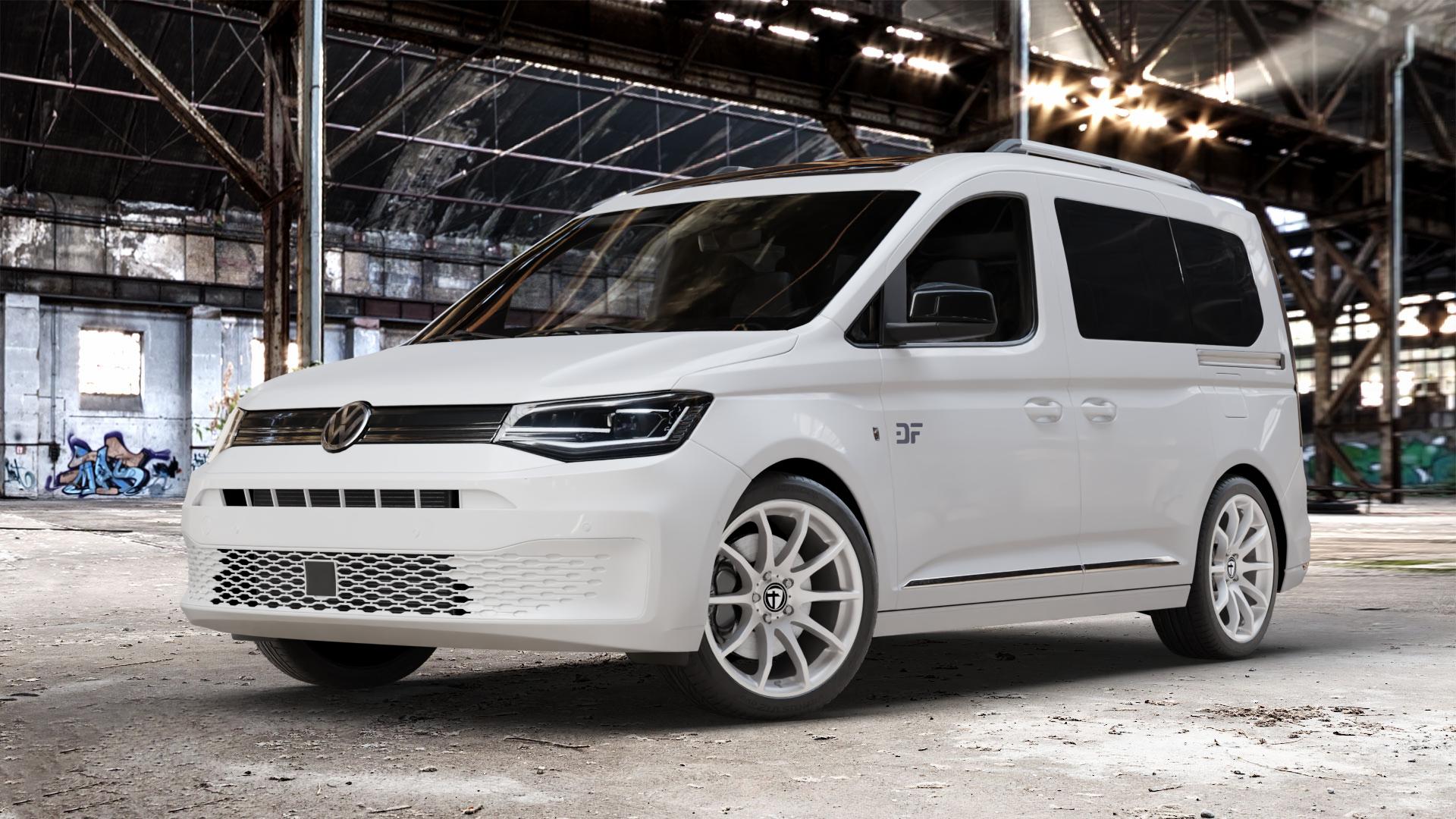 TOMASON TN1 bright silver Felge mit Reifen silber in 18Zoll Winterfelge Alufelge auf weissem Volkswagen (VW) Caddy 5 Typ SK SKN Transporter Wohnmobil ⬇️ mit 15mm Tieferlegung ⬇️ Old Industrial Hall_max_4400mm_2024 Frontansicht_1