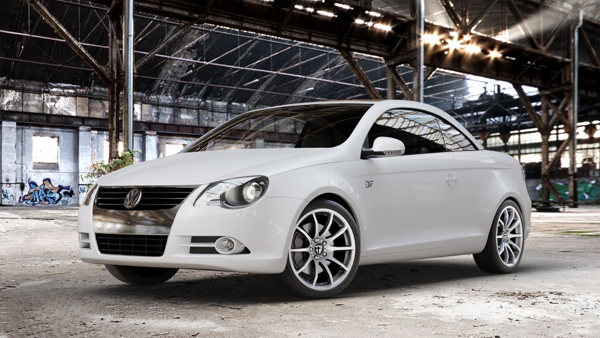 TOMASON TN1 bright silver Felge mit Reifen silber in 18Zoll Winterfelge Alufelge auf weissem Volkswagen (VW) Eos ⬇️ mit 15mm Tieferlegung ⬇️ Old Industrial Hall_max_4400mm_2024 Frontansicht_1
