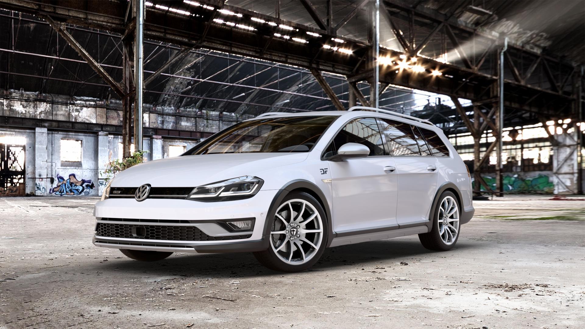 TOMASON TN1 bright silver Felge mit Reifen silber in 18Zoll Winterfelge Alufelge auf weissem Volkswagen (VW) Golf 7 Alltrack 2,0l TDI 4Motion 135kW (184 PS) ⬇️ mit 15mm Tieferlegung ⬇️ Old Industrial Hall_max_5300mm_2024 Frontansicht_1